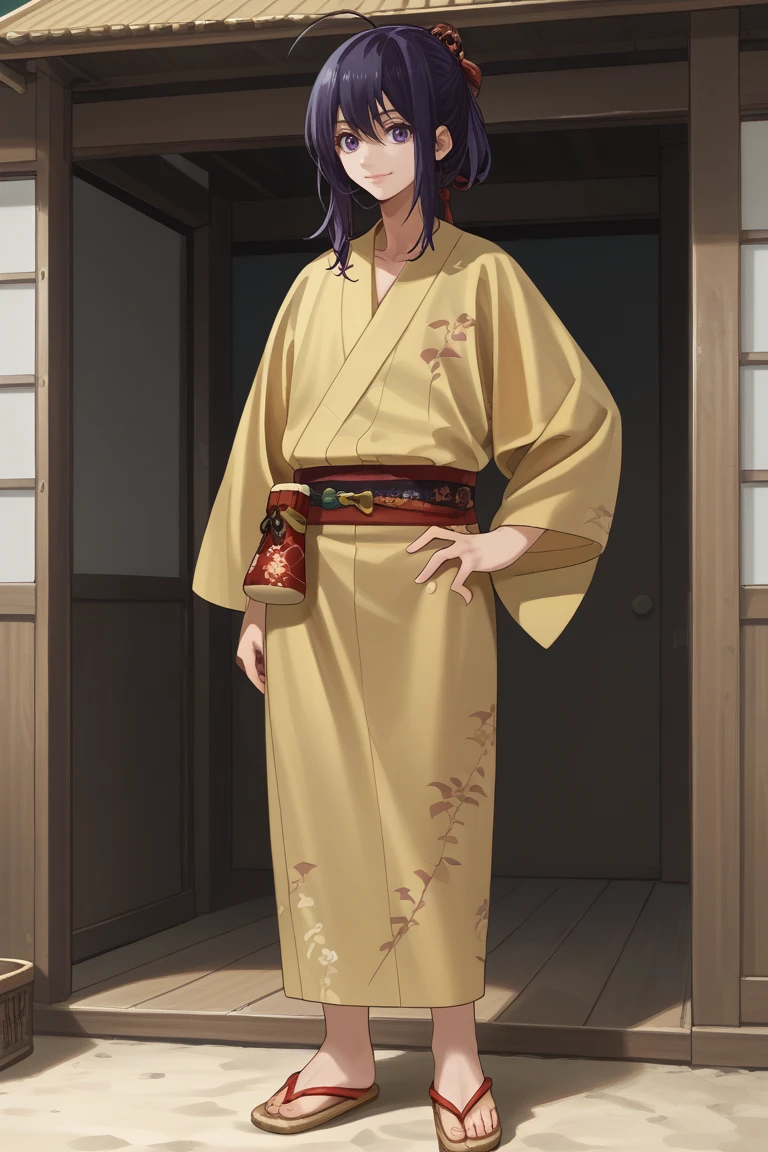 score_9, score_8_up, score_7_up, score_6_up, namazuo toushirou, purple hair, purple eyes, hanamaru style, japanese clothes, male focus, 1boy, solo, sandals, ahoge, kimono, hand on hip, yukata, ponytail, smile, full body