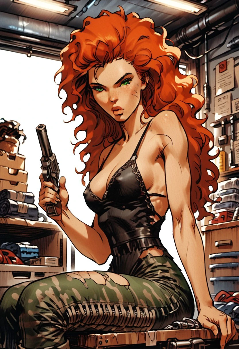 score_9, score_8_up, score_7_up, score_6_up, score_5_up, score_4_up, 1girl, (score_9, score_8_up:1.1), score_7_up, Chloe_C&C, long red hair, swept hair, fit, medium breasts, green eyes, beautiful lips, sci-fi attire, wearing black camisole, nipple peek, Camo pants, mechanic, garage, grease dirt, grease dirty skin, focused, , sci-fi scenario, indoor, masseffect, working, mechanical tools, sitting