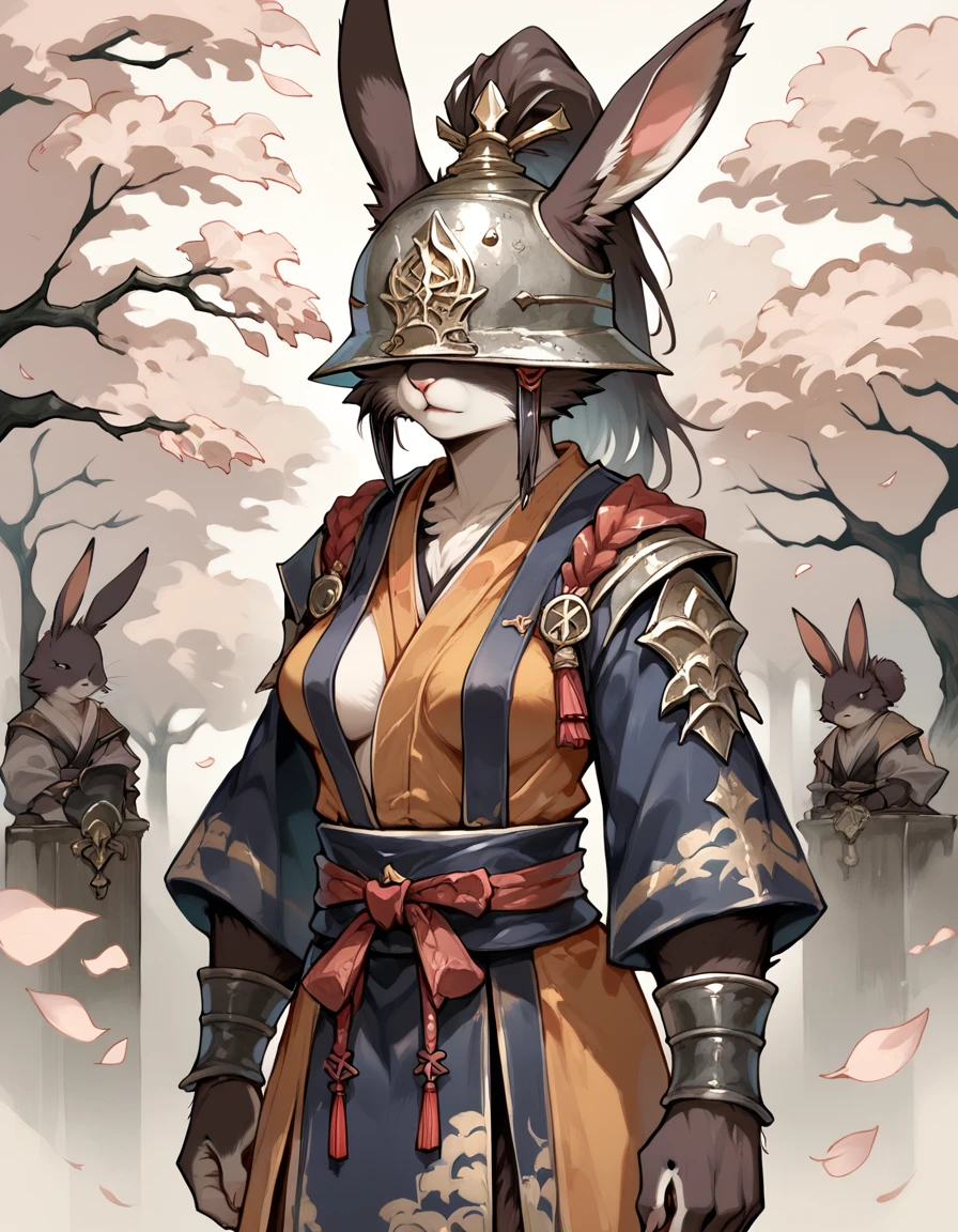 score_9, score_8_up, score_7_up, rabbit , medium breasts, wearing helmet, hair covering eyes, ponytail, samurai clothing, (body fur:1.5), Gravel Gray fur, dark cherry blossom background, moonlight, lit candles, dark fantasy  <lora:Fantasy_Furry_Character_Design_Pony:1>