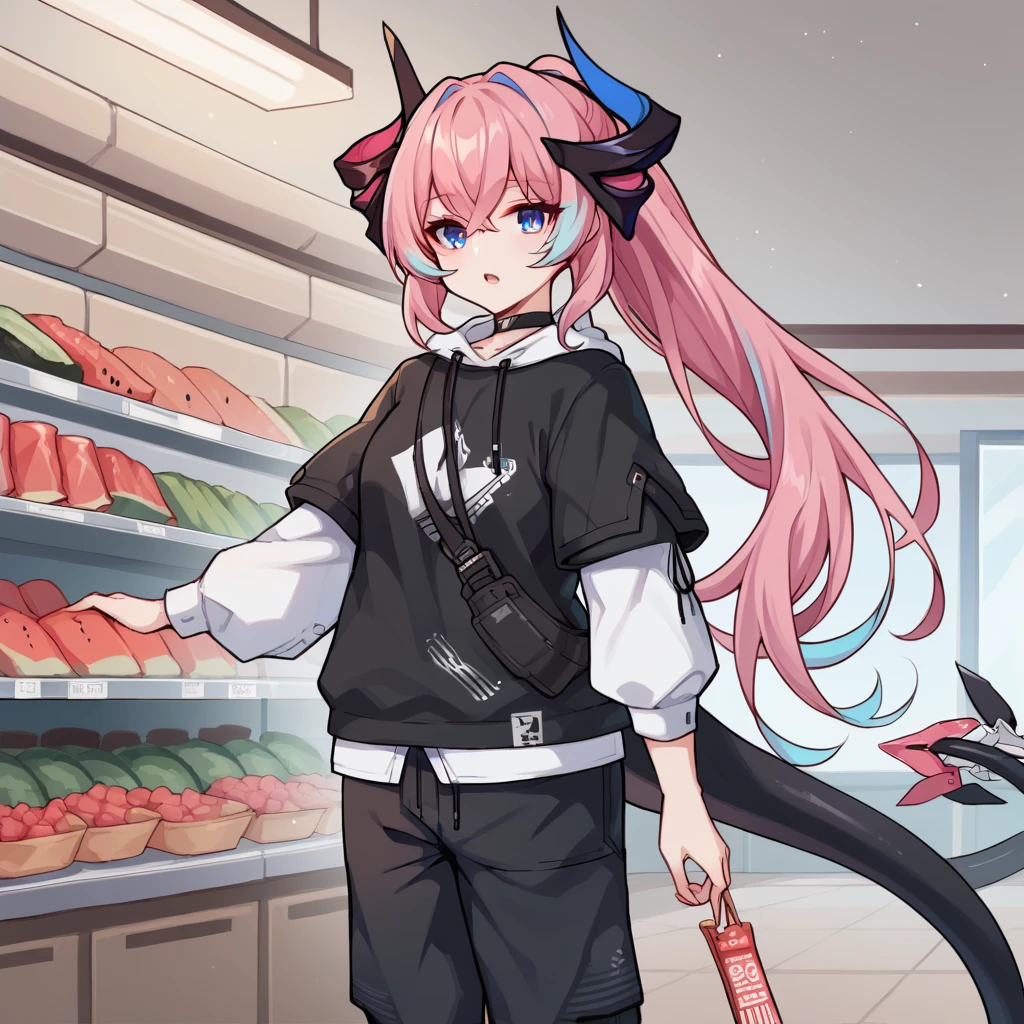 score_9_up, score_8_up, score_7_up, 1girl, solo, supermarket, ceiling light, standing, holding watermelon, looking at you, curious, open mouth, Delta, Aug_Merch, blue eyes, ponytail, long hair, pink hair, streaked hair, blue hair, mechanical tail, black hoodie, hoodie, white shirt, black choker, short sleeves, black sleeves, long sleeves, white sleeves, black pants, shoulder bag, layered sleeves, black horns, horns, streaked hair, blue hair, hood down, mature body, dynamic cowboy shot,