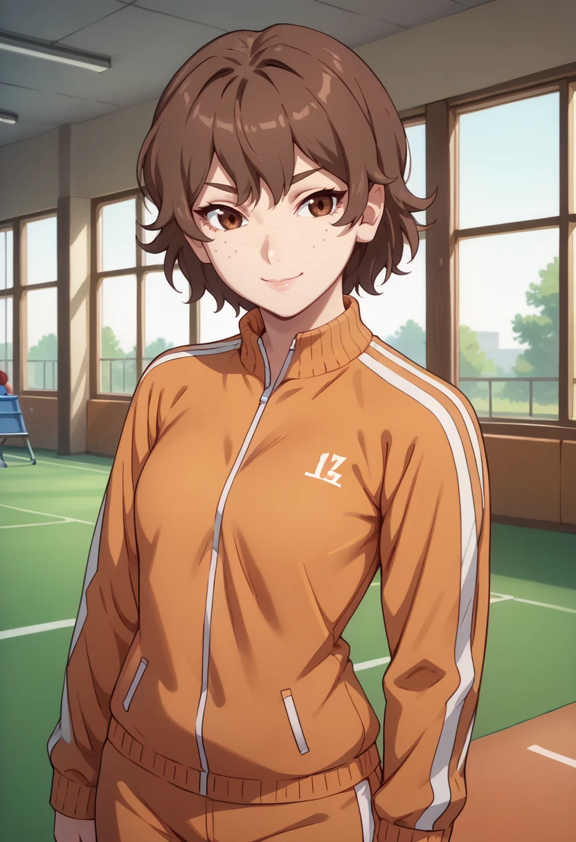 score_9, score_8_up,
1girl, <lora:MitonoShounou_OffSeason_PDXL:1>, mitonoshounou, brown hair, brown eyes, freckles,
track suit,
slight smile,
indoors