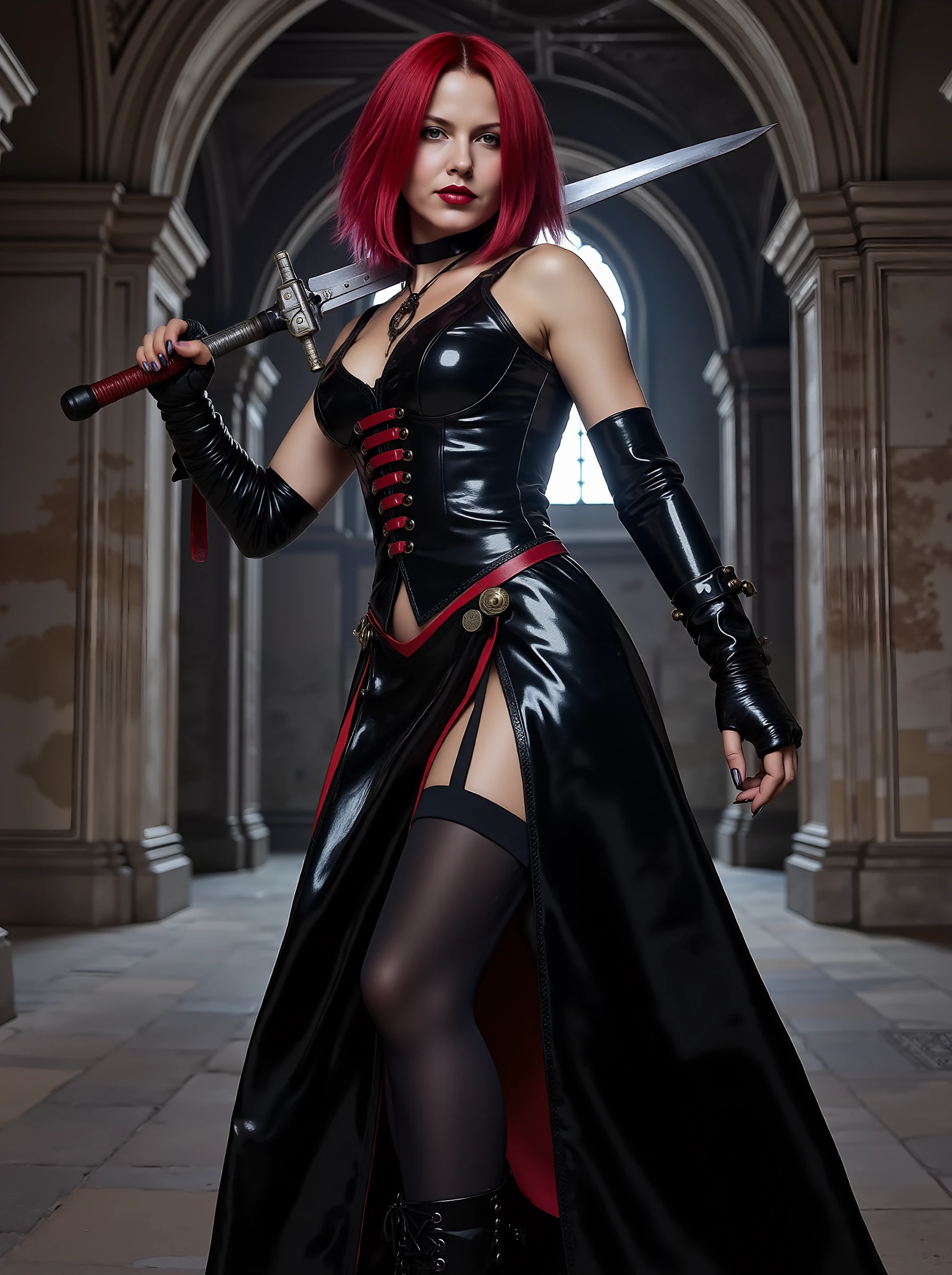 Female cyborg vampire Rayne with red hair in a long red leather dress with black elements. In the Gothic style. Black stockings. Character from the game BloodRayne. In a fighting stance in the interior of a medieval castle. Dual sword. Dramatic lighting. Movie poster. <lora:yulia:0.8>  <lora:bloodrayne:0.8>