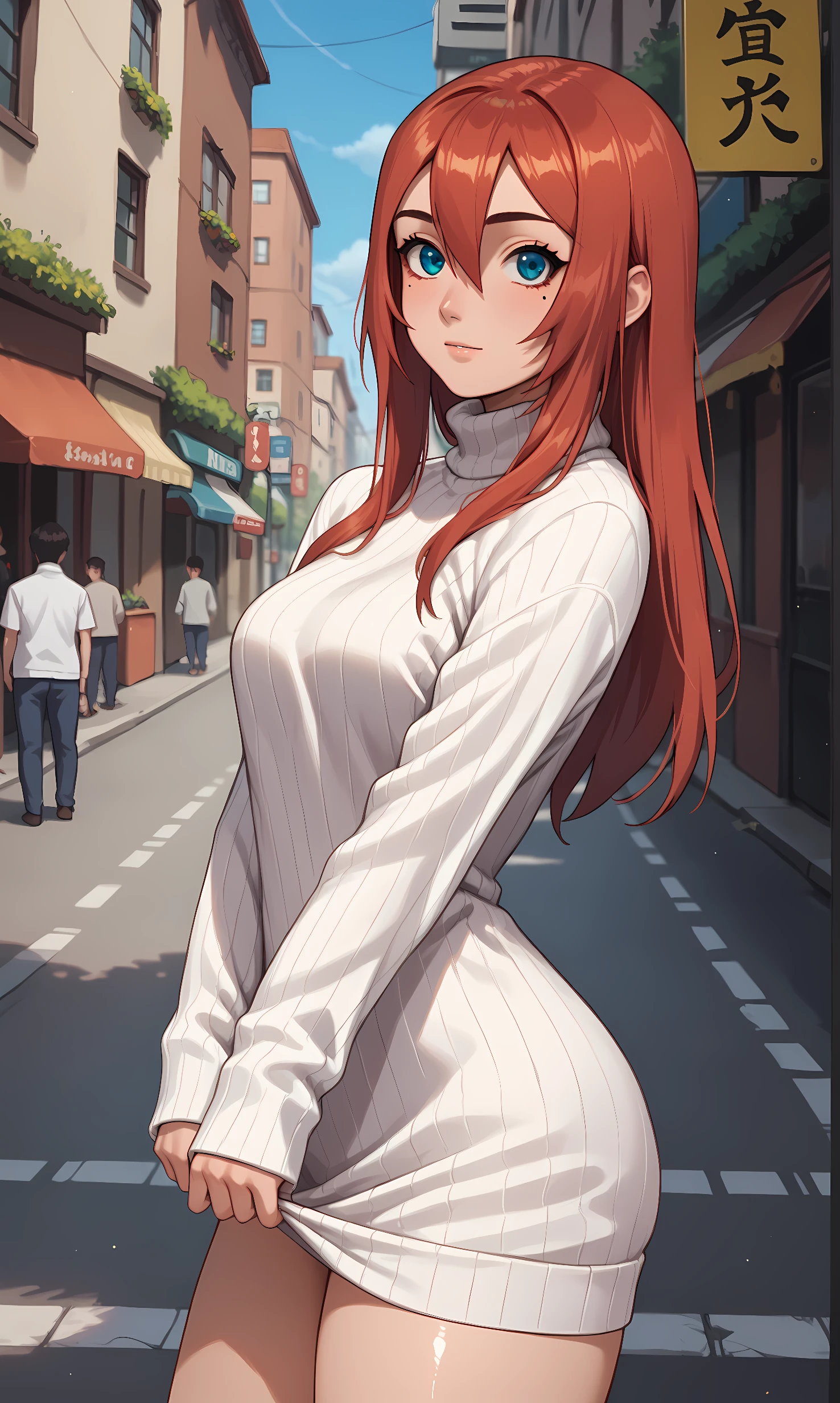 score_9, score_8_up, score_7_up, source_anime, 1girl, solo, outdoors, street, cowboy shot, looking at viewer, shiny skin, amaru, blue eyes, red hair, long hair, hair between eyes, mole, mole under eye, sweater, dress, turtleneck, ribbed sweater, long sleeves, from side