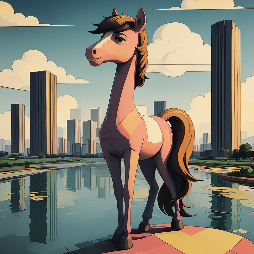 a pink horse standing on green hill, blue sky, clouds, city skyline,