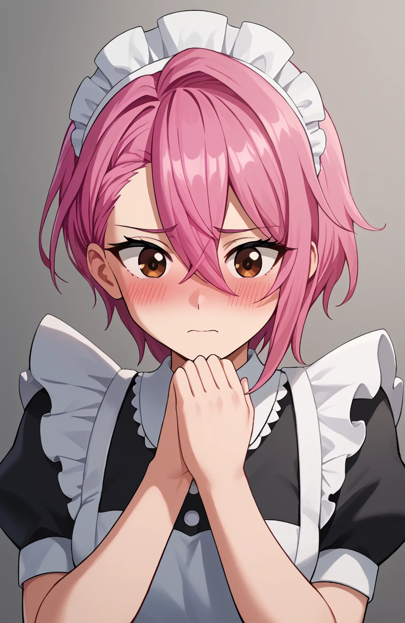 (Score_9,  score_8, score_6, score_7:0.6), (masterpiece, best quality, good quality, newest:0.6), Aira, 1girl, pink hair, brown eyes, swept bangs, asymmetrical bangs, asymmetrical hair, hair between eyes, short hair, maid uniform, blush, embarrassed, covering privates, maid headdress,   <lora:ShiaratoriAiraDandadanDora-XL-V1:1>âââ