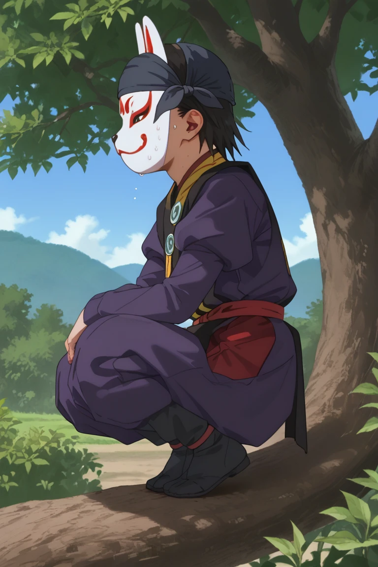 score_9, score_8_up, score_7_up, score_6_up, kazama genba, black hair, fox mask, japanese clothes, ninja, sash, purple pants, tabi, juliet sleeves, purple shirt, bandana, official style, 1boy, male focus, solo, mask, tree, outdoors, sweat, squatting, day, black footwear, long sleeves, from side, sky, in tree, puffy sleeves, pants