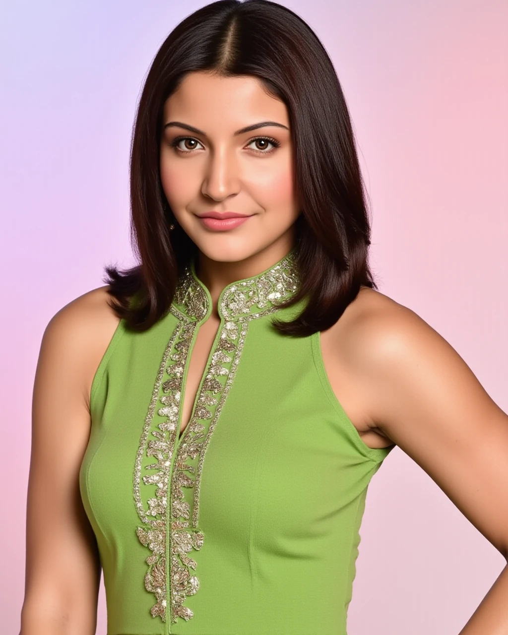 headshot photo of anushka sharma woman,candid photo with natural colors, smiling expression on face,studio quality, wearing intricate high neck elegant Green sleeveless Sharara Suit, straight hair, pastel shaded multicolored background, cinematic lighting<lora:TestBed\Anushka_Sharma_Flux_Kohya_V1.safetensors:1.0:1.0>