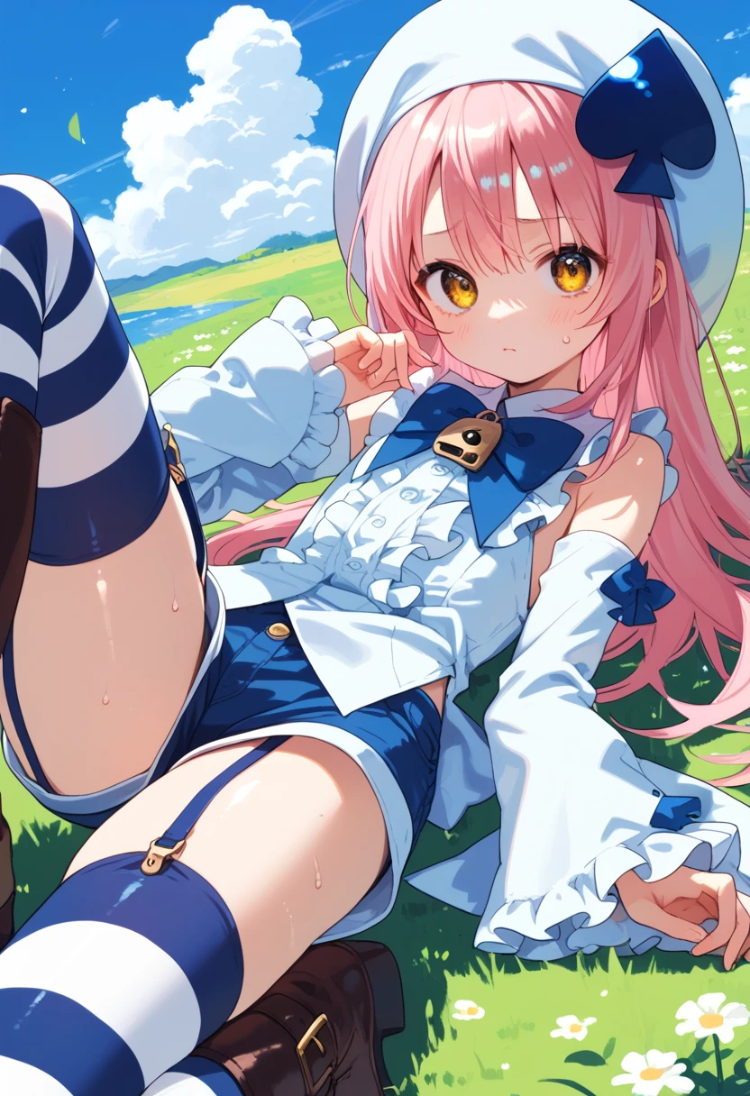 score_9, score_8_up, score_7_up, score_6_up, anime_lineart
1girl, solo,
<lora:amulet_spade:1> amulet_spade, hat, pink hair, detached sleeves, striped, yellow eyes, lock button, striped thighhighs, shorts, frills, garter straps, spade (shape), boots:0.9
sweat,  shiny skin,  lying