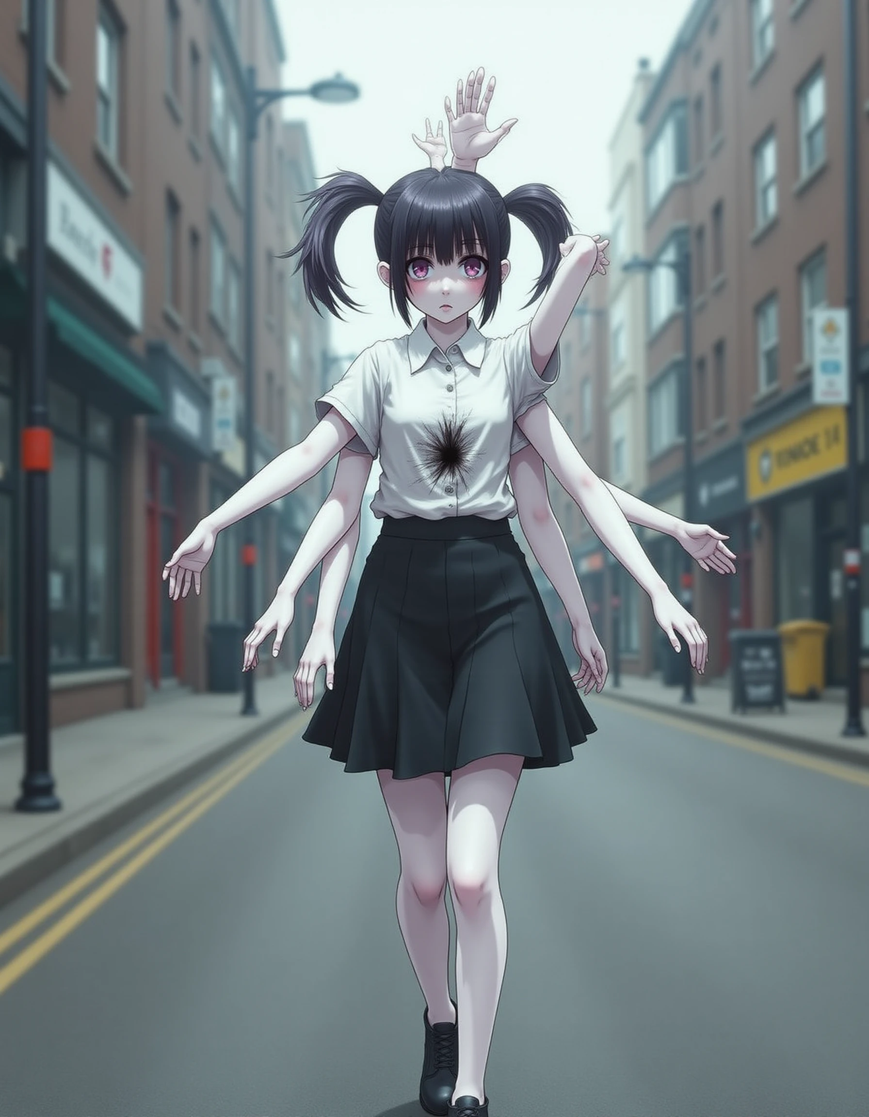 very realistic,a girl walking in an empty street,,toilet,highly detailed,detailed background,twin tails,extra arms,monoko,twintails,bangs,arm growing on head,hole in torso,UHD,high quality,masterpiece,8K,sharp image,crisp,black skirt,white shirt,realistic skin,subsurface scattering, <lora:monoko-flux-v2:1>