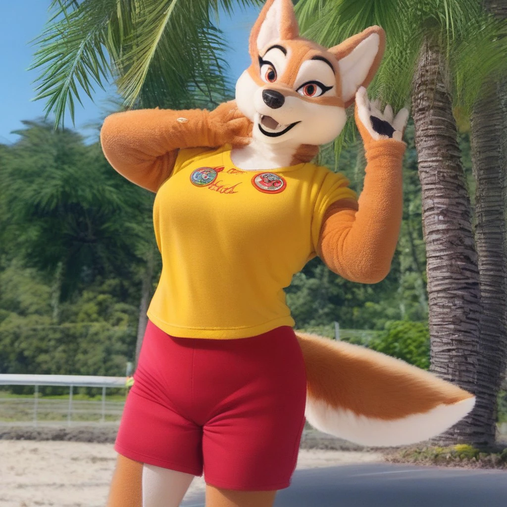 fursuit, female furry, dingo, red dingo, yellow and black patterns, gold shirt, red shorts, from the front, dynamic pose, on a beach in summer, palm trees background