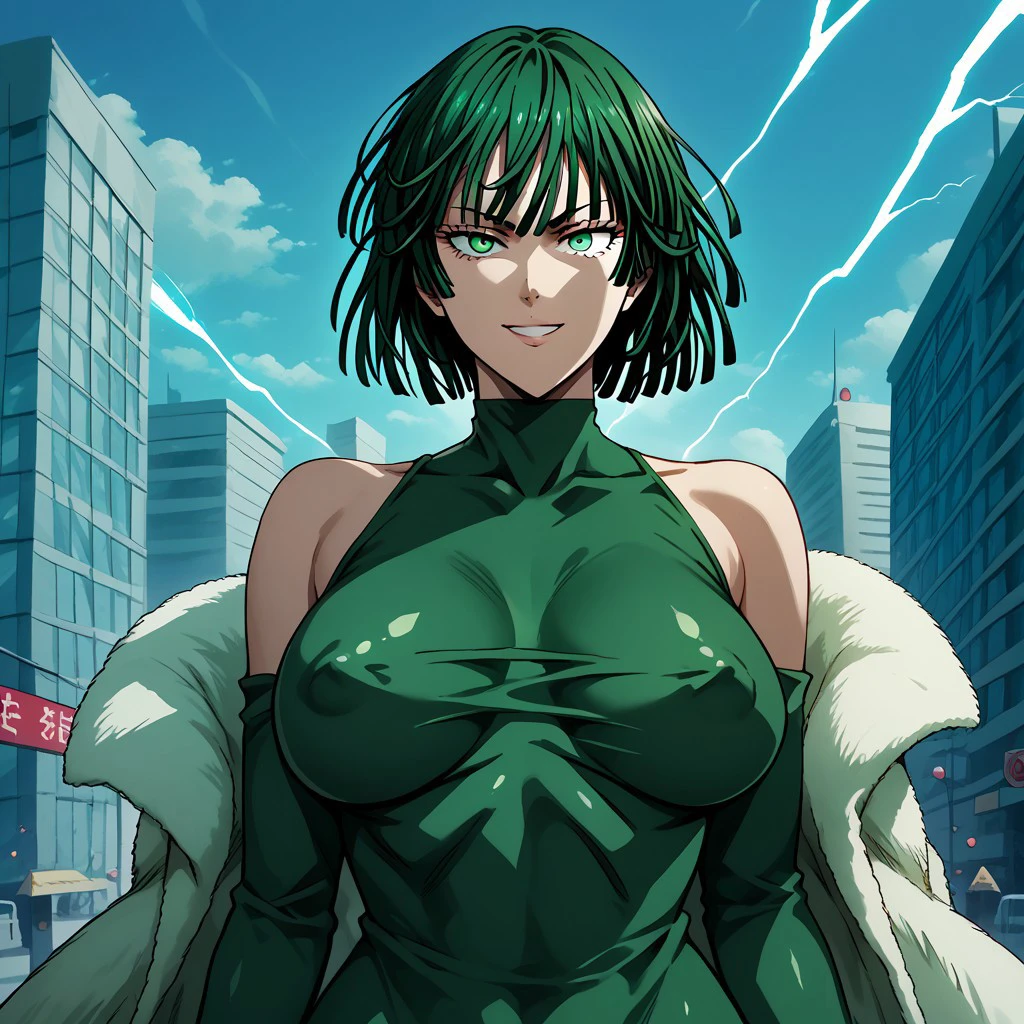 score_9,score_8_up,score_7_up,score_anime,score_manga,score_hentai,zPDXL2,<lora:Expressive_H:0.6>,expressiveh, 1girl,mature female,short hair,green hair,fubuki \(one-punch man\),<lora:One_Punch_Man:1>,covered nipples, green latex dress, smirk, cinematic lightning, city background