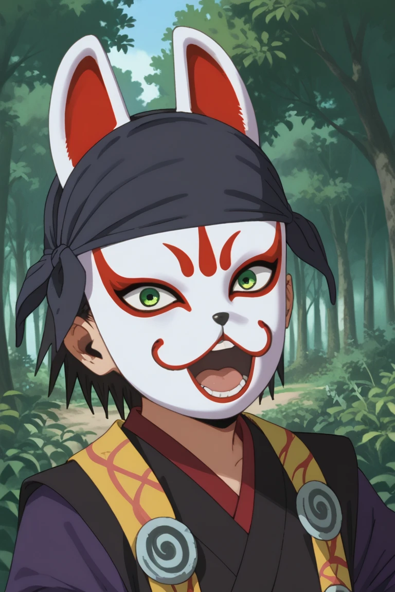 score_9, score_8_up, score_7_up, score_6_up, kazama genba, black hair, fox mask, japanese clothes, ninja, purple shirt, bandana, official style, mask, solo, 1boy, male focus, tree, green eyes, nature, forest, outdoors, open mouth, looking at viewer, wide open eyes