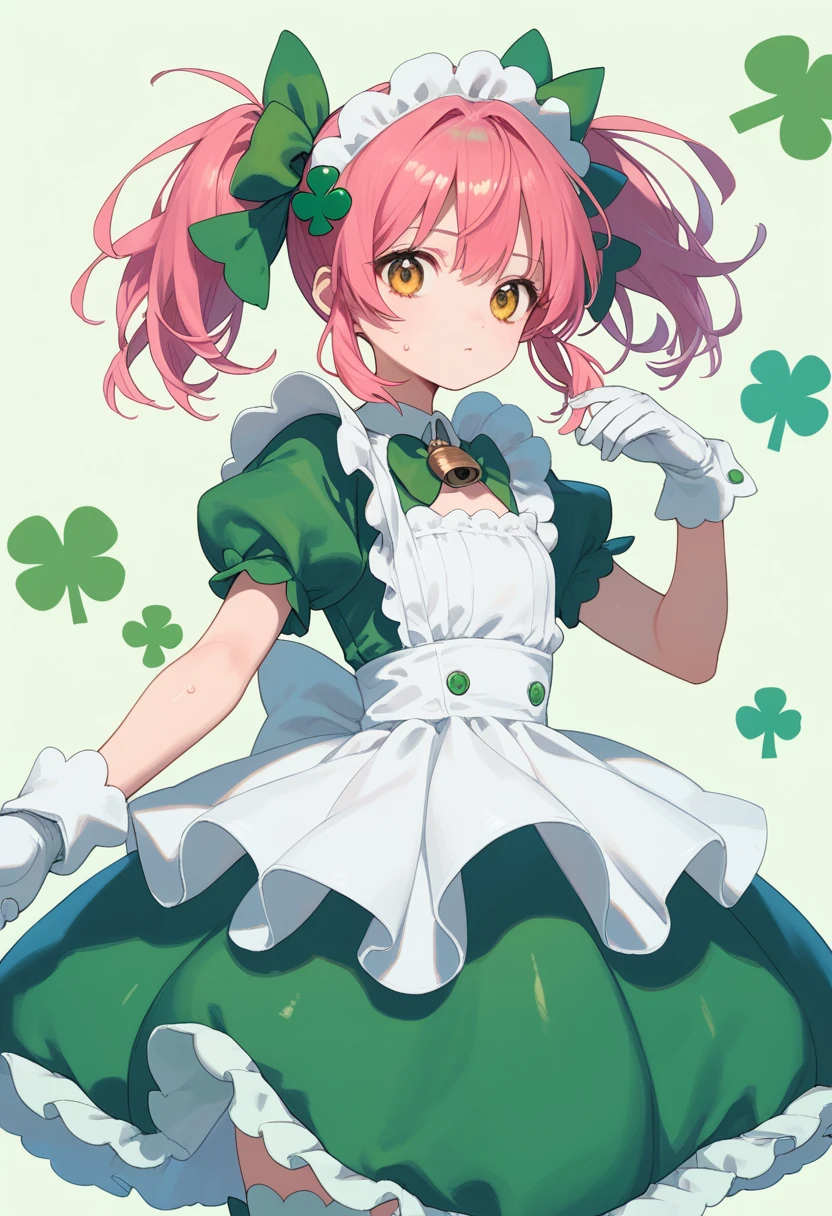 score_9, score_8_up, score_7_up, score_6_up,  anime_lineart
1girl, solo,
<lora:amulet_clover:1> amulet_clover, gloves, dress, twintails, medium hair, pink hair, hair ornament, lock button, yellow eyes, bow, short sleeves, puffy sleeves, puffy short sleeves, green dress, white gloves, maid, apron, magical girl, bangs, clover (shape), thighhighs
sweat,  shiny skin,