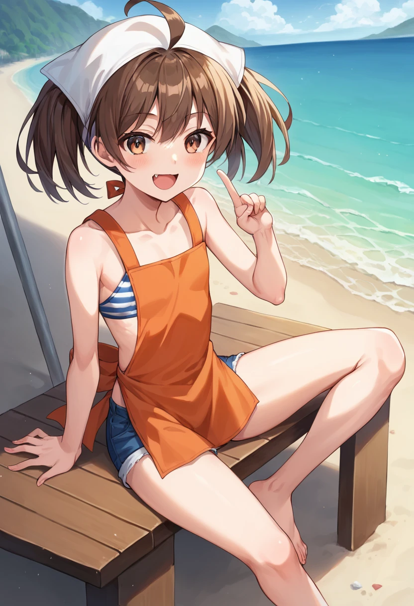 1girl, ayumi_yoshida, blue eyes, hairband, bangs, short hair, brown hair, smile, beach <lora:ayumi:0.6>