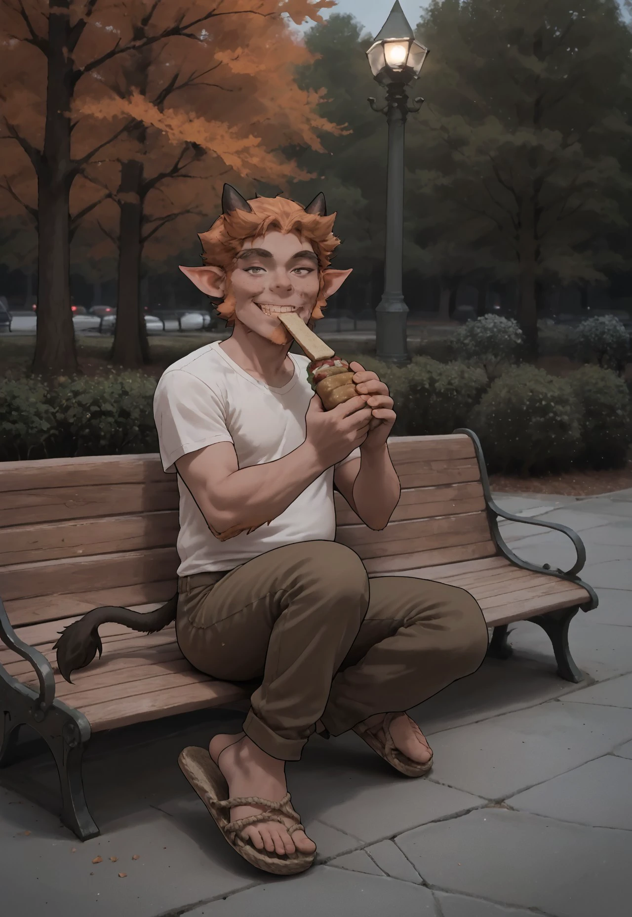 safe_pos, score_9, score_8_up, score_7_up, 

(((Garmelie_disguise))), satyr, solo, male, plain tan t-shirt, cargo pants, friendly expression, friendly pose, sitting on park bench, tail, looking at viewer, towards viewer, looming, source_furry, attracted to viewer, autumn park, evening, source_photo, seductive smile,  nice feet, sandals, (plantigrade), eating sandwich, ruanyi0876,bench,outdoors, ((r0pe sandals))