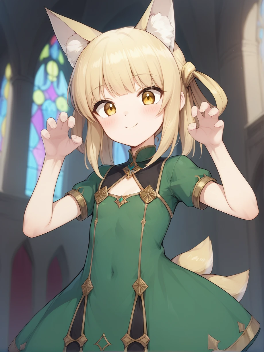 score_9, score_8_up, score_7_up, source_anime
1girl, solo, nina, blonde hair, short hair, animal ears, white ear fluff, hair rings, multiple tails, gold eyes, foxtail, hands, fingers, fingernails, triple tail
green dress, claw pose, church <lora:nina from beast tamer 0.1:0.8>