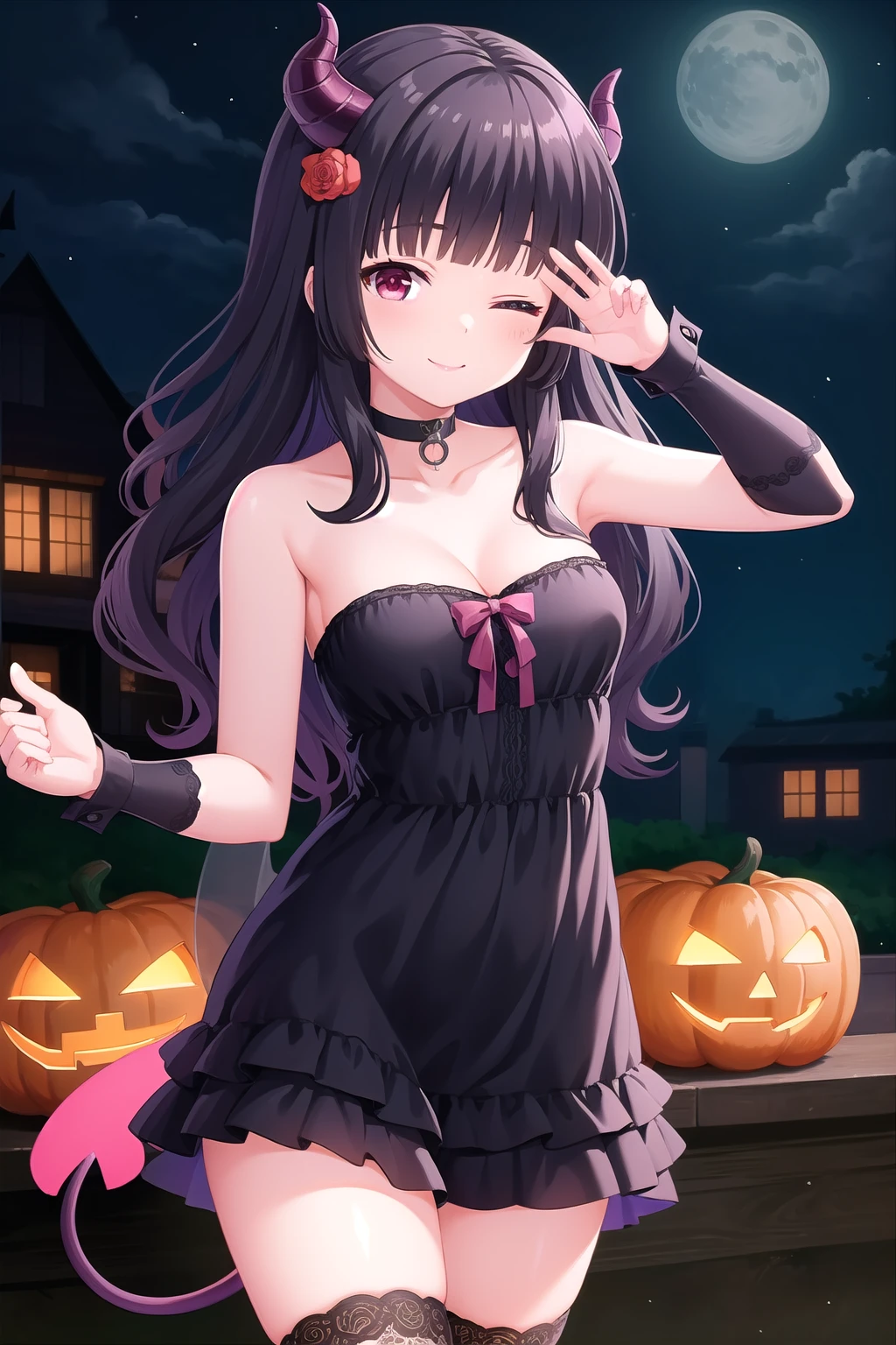 (masterpiece, best quality), highly detailed background, perfect lightingbest quality, morizonomei, solo, outdoors, night, halloween, demon girl, demon horns, dark purple hair, rose hair ornament, blunt bangs, wavy hair, long hair, one eye closed, pink eyes, medium breasts, black choker, black dress, layered dress, strapless dress, demon wings, wrist cuffs, demon tail, lace trim, black thighhighs, halloween costume, smile, closed mouth, ;), pink lips, <lora:Morizono-Mei:0.7>