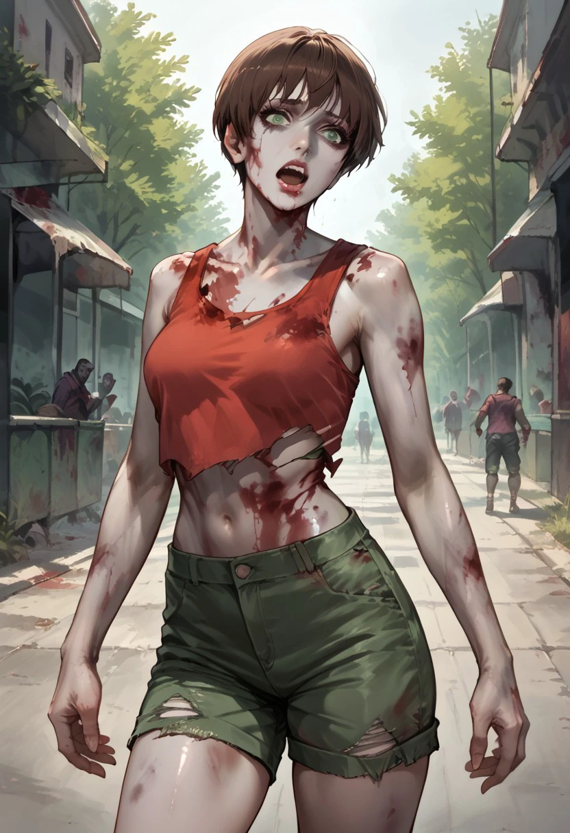 score_9, score_8_up, score_7_up, score_6_up, source_realistic, BREAK 1girl, mistyzombie, horror (theme), zombie, grey eyes, colored skin, grey skin, brown hair, short hair, green eyes, tank top, midriff, shorts, blood splatter, torn clothes, open mouth, zombie walk,