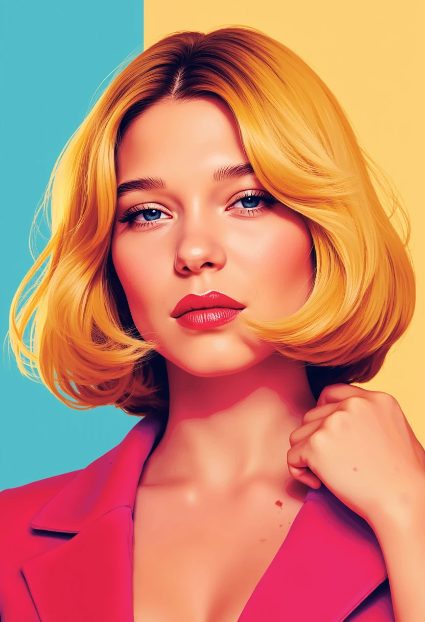 Award-worthy vector illustration art of Lea Seydoux with blond french bob, the linework is sharp, colorful and expressive, simplified and flat shapes that enforce woman's facial features, dynamic composition, professional-grade vector illustration with pastel colored gradient background.