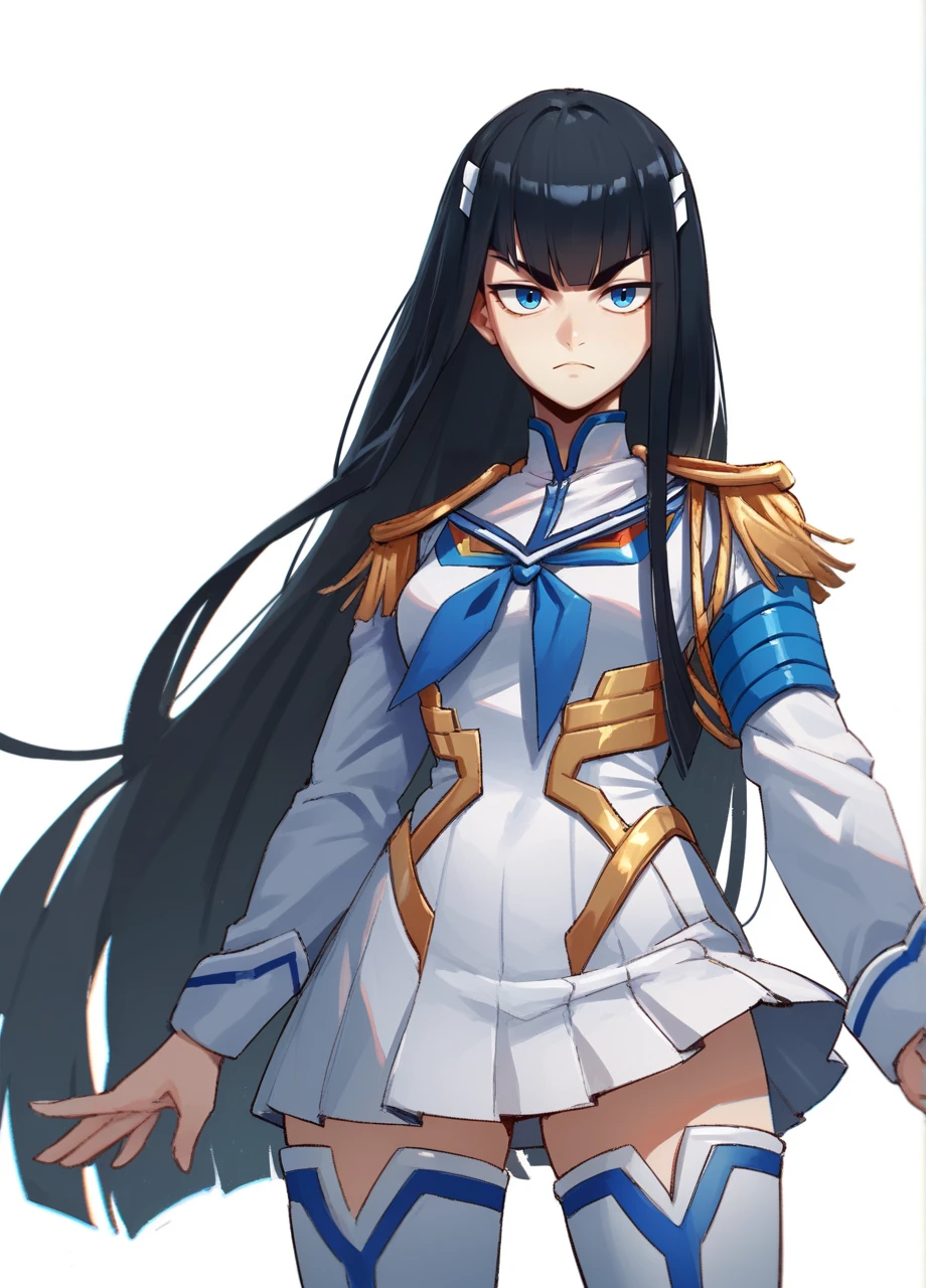 1girl, solo, black hair, very long hair, blunt bangs, blue eyes, kiryuuin satsuki, cowboy shot, white background, satdef, short dress, long sleeves, single armband, neckerchief, epaulettes, thigh boots <lora:KLK_Satsuki-PONY:0.7>, score_9, score_8_up, score_7_up, score_6_up,