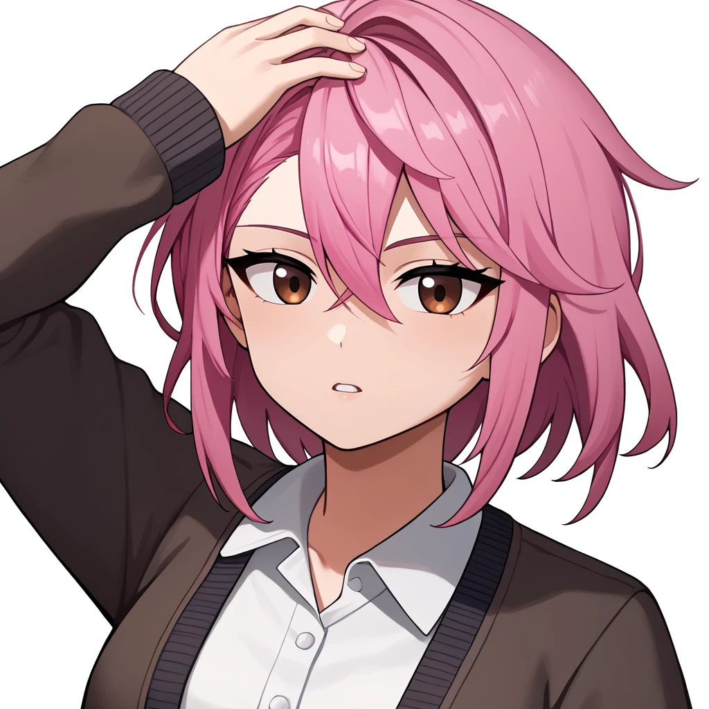 (Score_9,  score_8, score_6, score_7:0.6), masterpiece, best quality, good quality, newest, Aira, hair between eyes, swept bangs, asymmetrical bangs, 1girl, pink hair, brown eyes, white background, looking at viewer, parted lips, simple background, collared shirt, portrait, jacket, short hair, cardigan, hand on own head, long sleeves, white shirt, open clothes , <lora:ShiaratoriAiraDandadanDora-XL-V1:1>âââ