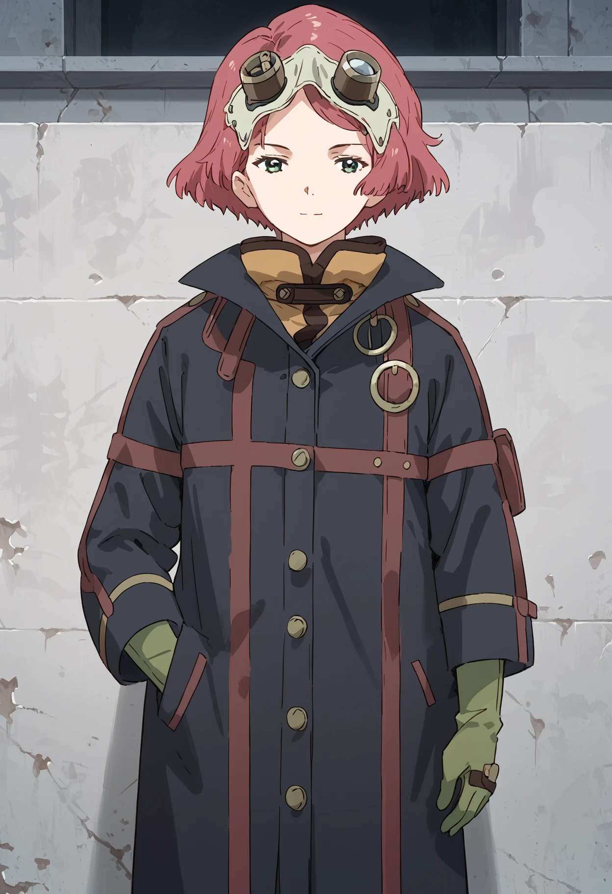 score_9, score_8_up, score_7_up, , source_anime,yukinakabaneri, 1girl, solo, short hair,, goggles on head, , , standing, looking at viewer, closed mouth, black coat, ,  , red hair, green eyes, long sleeves, expressionless, <lora:yukinakabaneri_pony4:1>  standing,smile, cowboy shot,