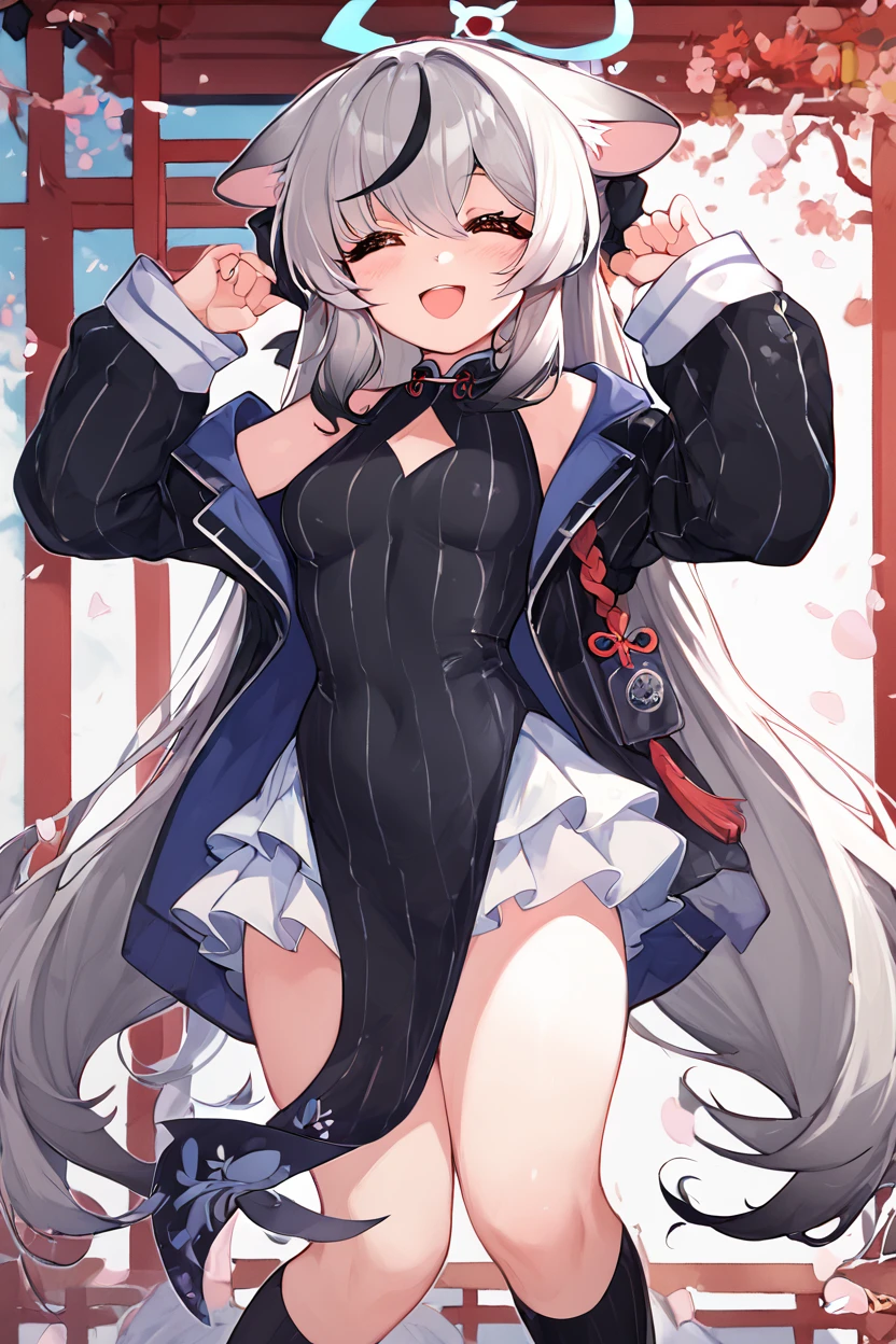 score_9, score_8_up, score_8, medium breasts, (curvy), cute, eyelashes, BREAK, , ,,, zzKokona, grey hair, long hair, multicolored hair, animal ears, streaked hair, black hair, halo, very long hair, tiger ears, orange eyes, black dress, black jacket, black socks, long sleeves, pelvic curtain, sneakers, vertical-striped clothes, diamond cutout, off shoulder, white skirt , ,<lora:Kokona_BlueArchive_PDXL_v3:0.8>, ,,,, BREAK, <lora:Afrobull_PDXL_v5:0.8>, ,,, BREAK, smile, looking at viewer, closed mouth, cowboy shot, ,,, embedding:zPDXL, Expressiveh, ,,, <lora:SDXLFaeTastic2400:0.5>, <lora:Expressive_H-000001:0.4>,