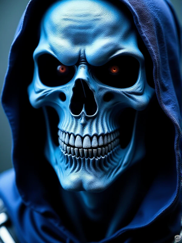 Skeletor, Skull face and blue skin closeup face portrait <lora:Skeletor:0.9>