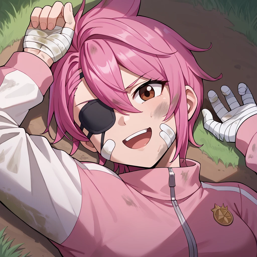 (Score_9,  score_8, score_6, score_7:0.6), masterpiece, best quality, good quality, newest,Aira, hair between eyes, pink hair, dirty, dirt, grass, swept bangs, asymmetrical bangs, 1girl, track jacket, white jacket, pink jacket, eyepatch, brown eye, cheek bandage, bandaged hand, laughing, on ground, on back,  <lora:ShiaratoriAiraDandadanDora-XL-V1:1>âââ