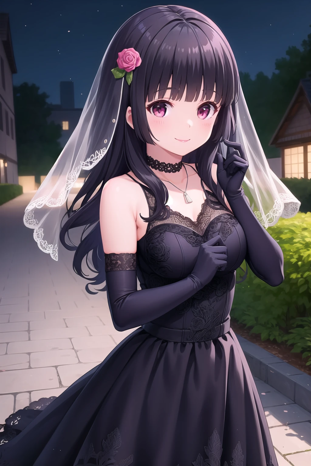 (masterpiece, best quality), highly detailed background, perfect lightingbest quality, morizonomei, solo, outdoors, night, garden, veil, dark purple hair, rose hair ornament, blunt bangs, wavy hair, long hair, pink eyes, medium breasts, black choker, jewelry, necklace, black dress, lace-trimmed dress, sleeveless dress, bare shoulders, lace trim, black gloves, elbow gloves, print gloves, lace-trimmed gloves, lace gloves, smile, closed mouth, :), pink lips, <lora:Morizono-Mei:0.7>