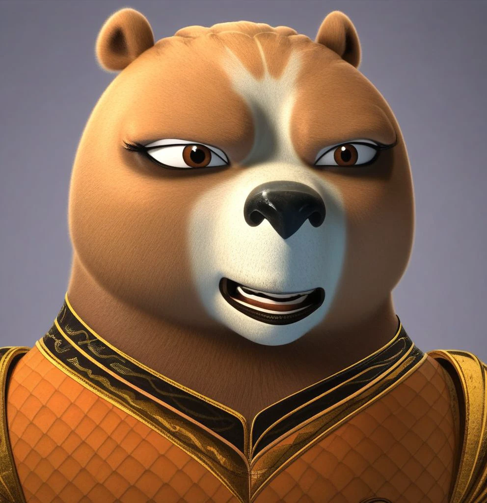 Wandering Blade, solo, 1 girl, Kung Fu Panda, Female Bear, perfect face and eyes, perfectly detailed, beautiful, Knight Armour, confident, simple background, face focus