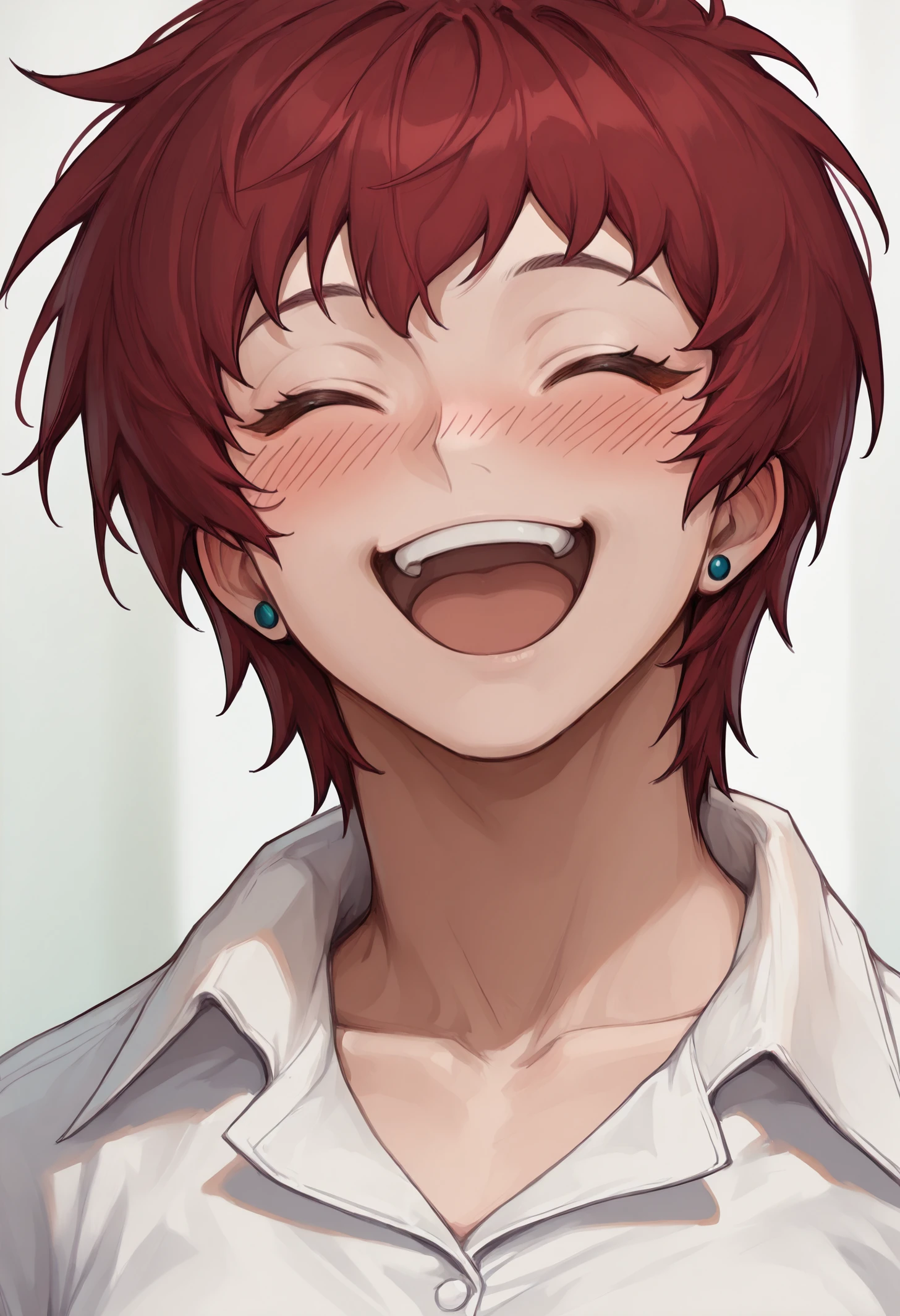 masterpiece, best quality,mmixmorg, <lora:MorgyMixStyle-illustXL_V1-Manityro-CAME:1>,
 1girl, solo, akmktb,tomboy, short hair, red hair, stud earrings, jewelry, white shirt, collared shirt, collarbone, closed eyes, smile, happy, open mouth, upper teeth only, blush, portrait, close-up, <lora:akwmk_idxl_EliPot:1>