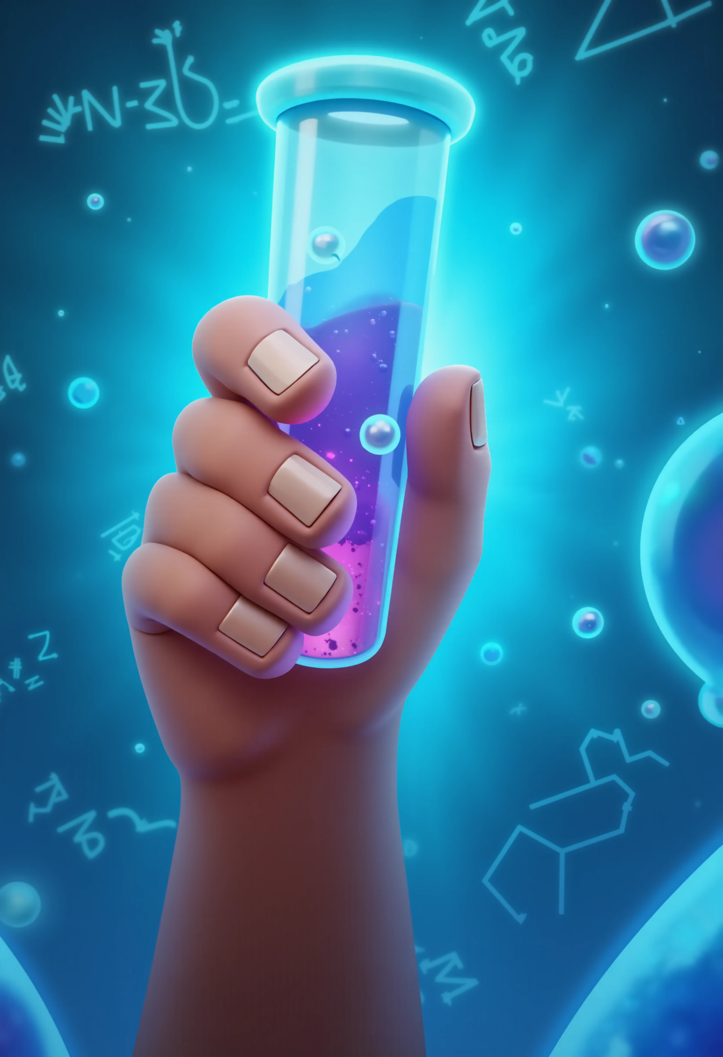 ClashR style, 3d icon of a hand raising a test tube, surrounded by bubbling formulas on a laboratory-themed backdrop