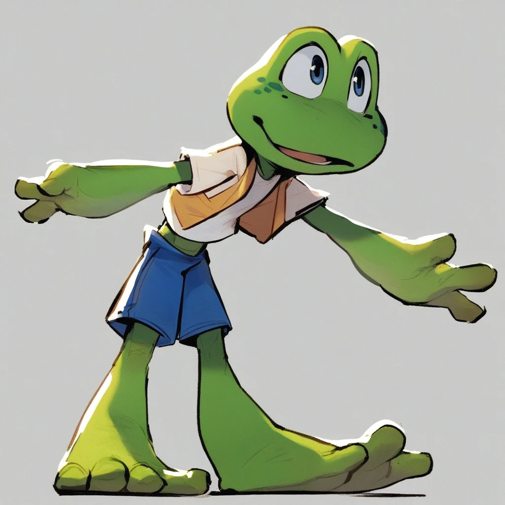 Frogger, anthro, frog, green skin, freckles, white shirt, blue shorts, standing, score_9, score_8_up