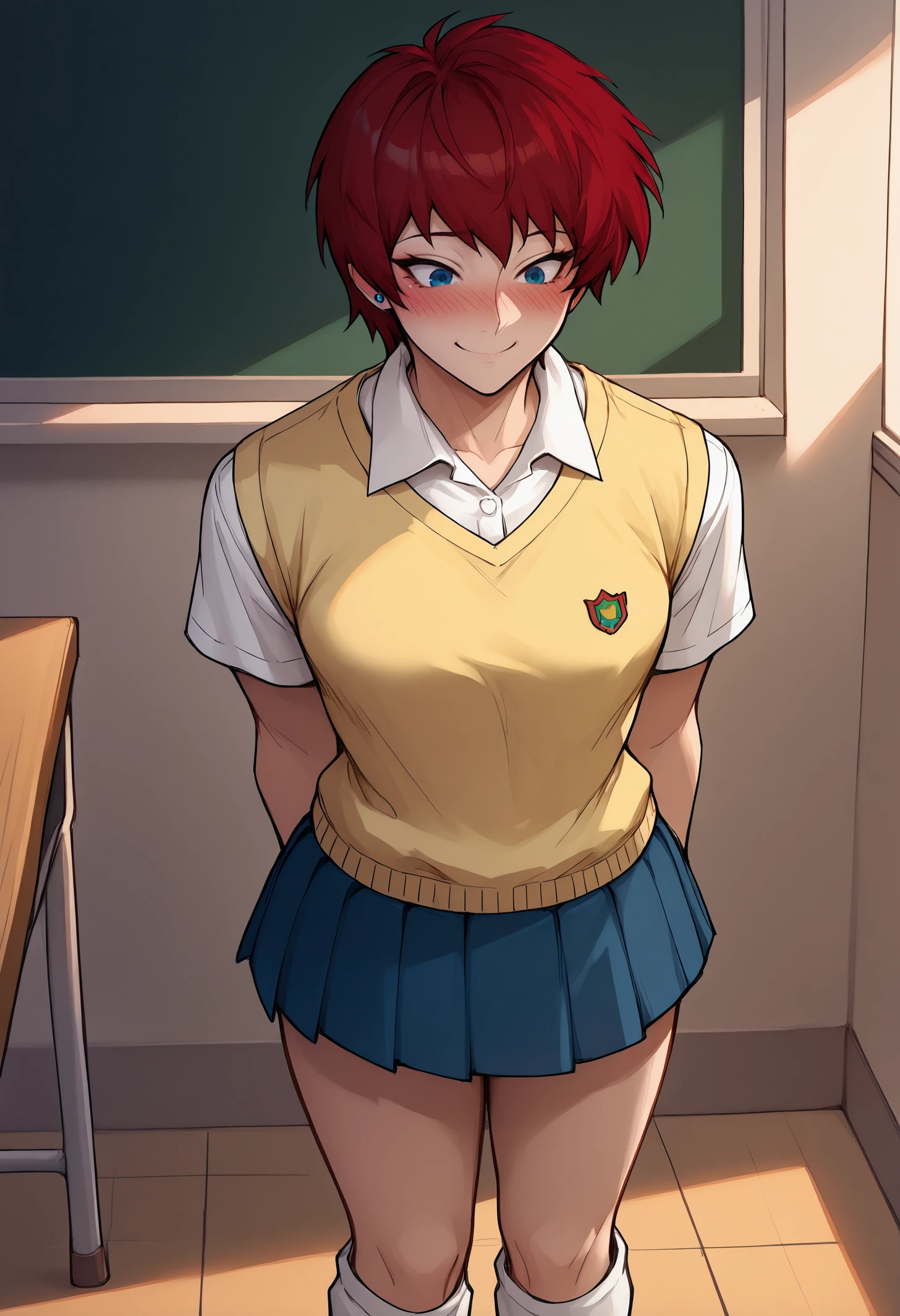 masterpiece, best quality,mmixmorg, <lora:MorgyMixStyle-illustXL_V1-Manityro-CAME:1>,
 1girl, solo, akmktb, tomboy, short hair, red hair, blue eyes, stud earrings, jewelry, collared shirt, white shirt, yellow sweater vest, short sleeves, blue skirt, pleated skirt, miniskirt, white legwear, kneehighs, skirt, school uniform, standing, smile, blush, classroom,standing, smile, blush, classroom, <lora:akwmk_idxl_EliPot:1>