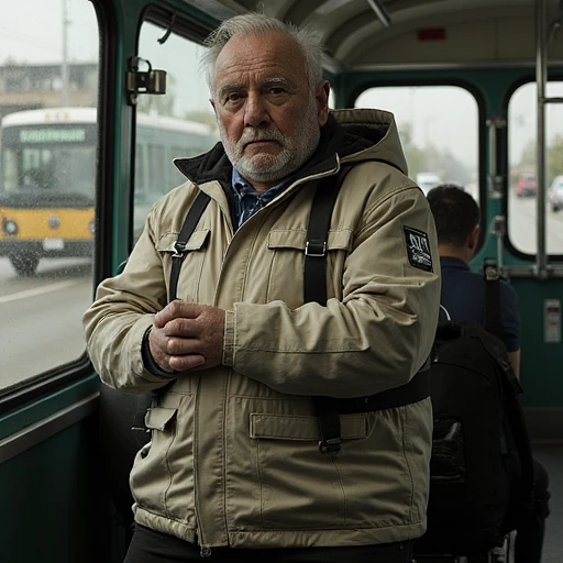 a 75 year old fat man wears a Maxcita Transport Jacket, the jacket is tightly restraining his arms, he stands on a bus