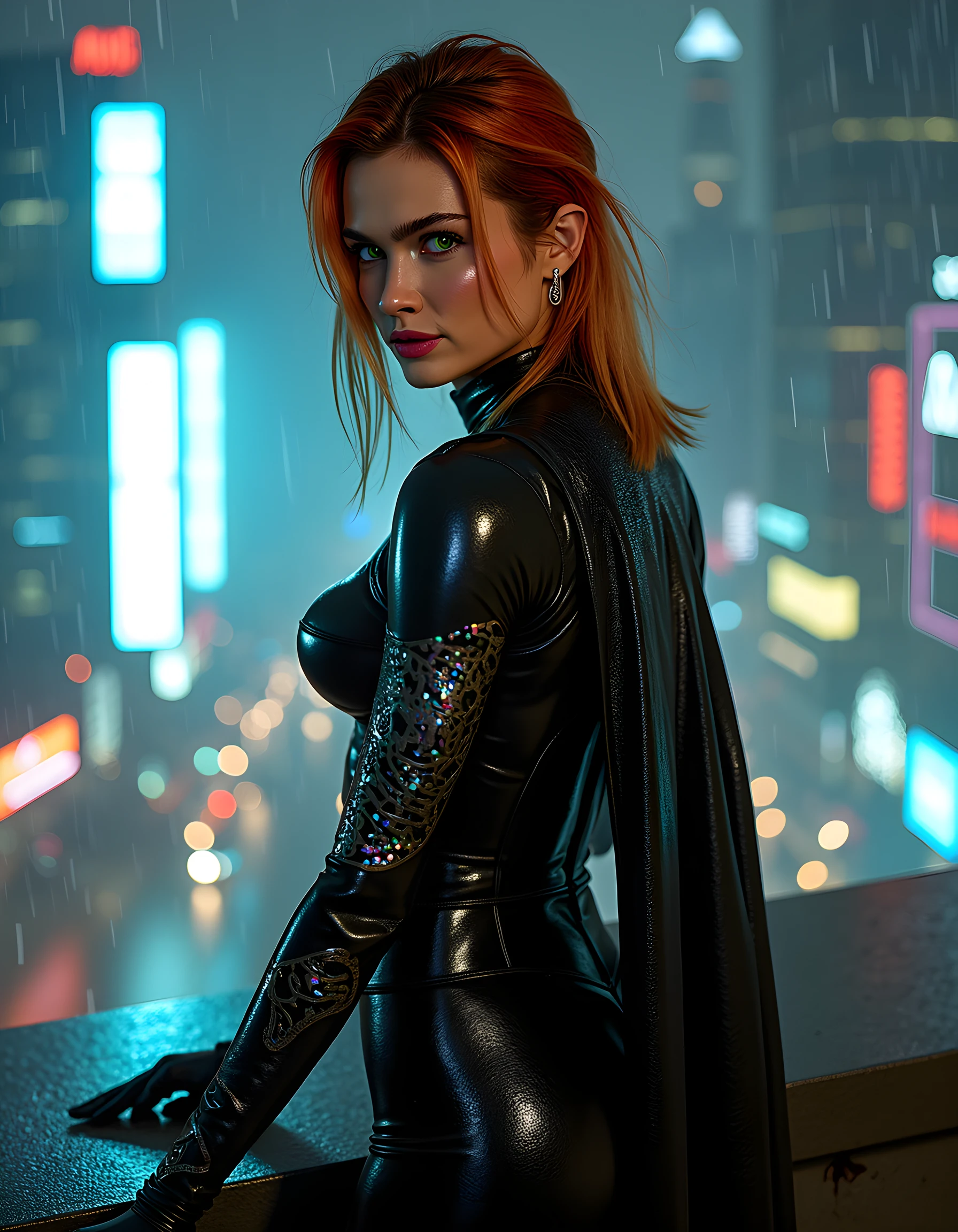 In a gritty, neo-noir atmosphere, a sleek and mysterious woman named N1C0L3V is posed against the backdrop of a rain-soaked, neon-lit cityscape. Clad in a form-fitting leather catsuit with intricate metallic accents and a cape adorned with holographic cybernetic patterns, she stands defiantly on the edge of a rooftop, her fiery red hair cascading down her shoulders as she gazes out into the stormy night. Her piercing green eyes are sharp and focused, illuminated by the pulsating neon lights reflecting off the rain-slicked pavement below. The camera captures her from a low angle, emphasizing her strength and dominance, while the gloomy, ominous lighting adds an element of danger and intrigue to this captivating portrait of N1C0L3V, a cybernetic vigilante ruling the shadows of the dark city.