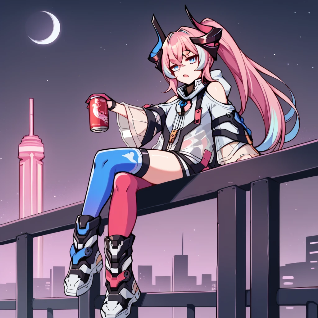 score_9_up, score_8_up, score_7_up, 1girl, solo, cityscape, skyscrapers, starry sky, moon light, neon lights, skyscrapers, sitting on railing, holding soda can, bored, open mouth, looking at you, from below, from side, foreshortening, boots, Delta, Aug_Def, multicolored clothes, asymmetrical legwear, blue thighhighs, pink thighhighs, blue strap, pink strap, mechanical tail, jacket, zipper, shoulder cutout, multicolored jacket, bare shoulders, high collar, long sleeves, see-through sleeves, wide sleeves, mismatched gloves, two-tone gloves, thick eyebrows, see-through, blue gloves, pink gloves, black horns, horns, ponytail, long hair, pink hair, streaked hair, blue hair, mature body, dynamic cowboy shot,