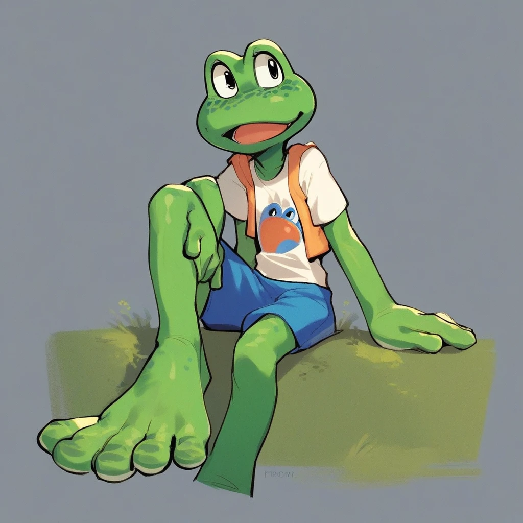 Frogger, anthro, frog, green skin, freckles, while shirt, blue shorts, sitting, score_9, score_8_up