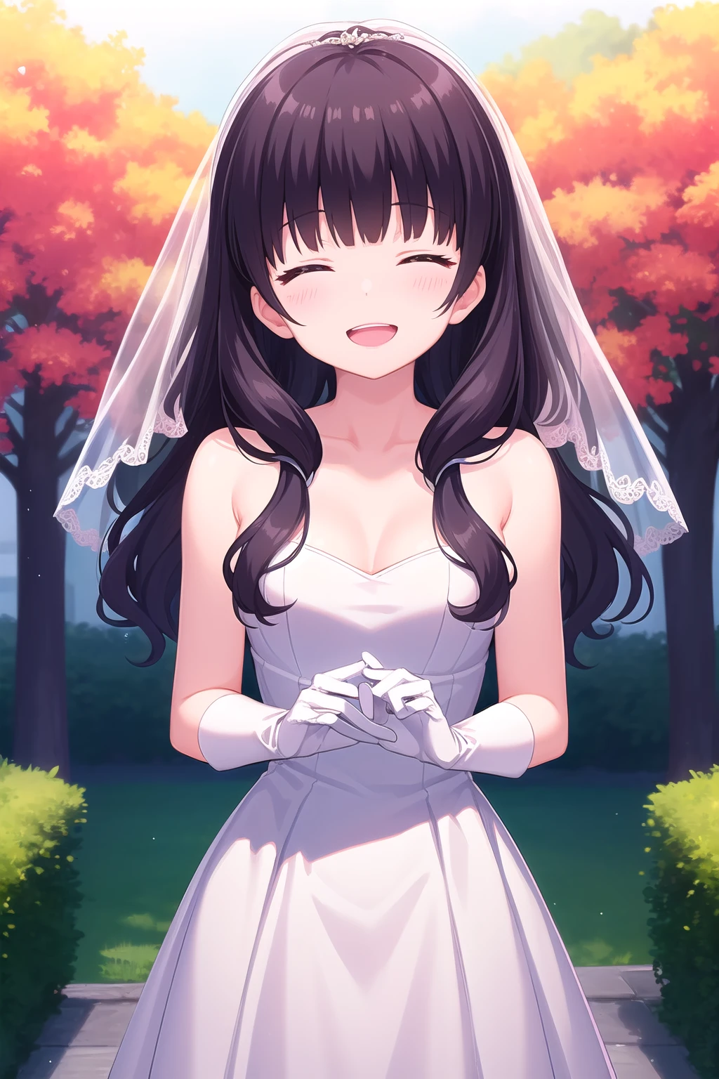 (masterpiece, best quality), highly detailed background, perfect lightingbest quality, morizonomei, solo, outdoors, nature, bridal veil, dark purple hair, blunt bangs, wavy hair, long hair, closed eyes, medium breasts, wedding dress, white dress, white gloves, frilled skirt, smile, open mouth, ^o^, pink lips, <lora:Morizono-Mei:0.7>