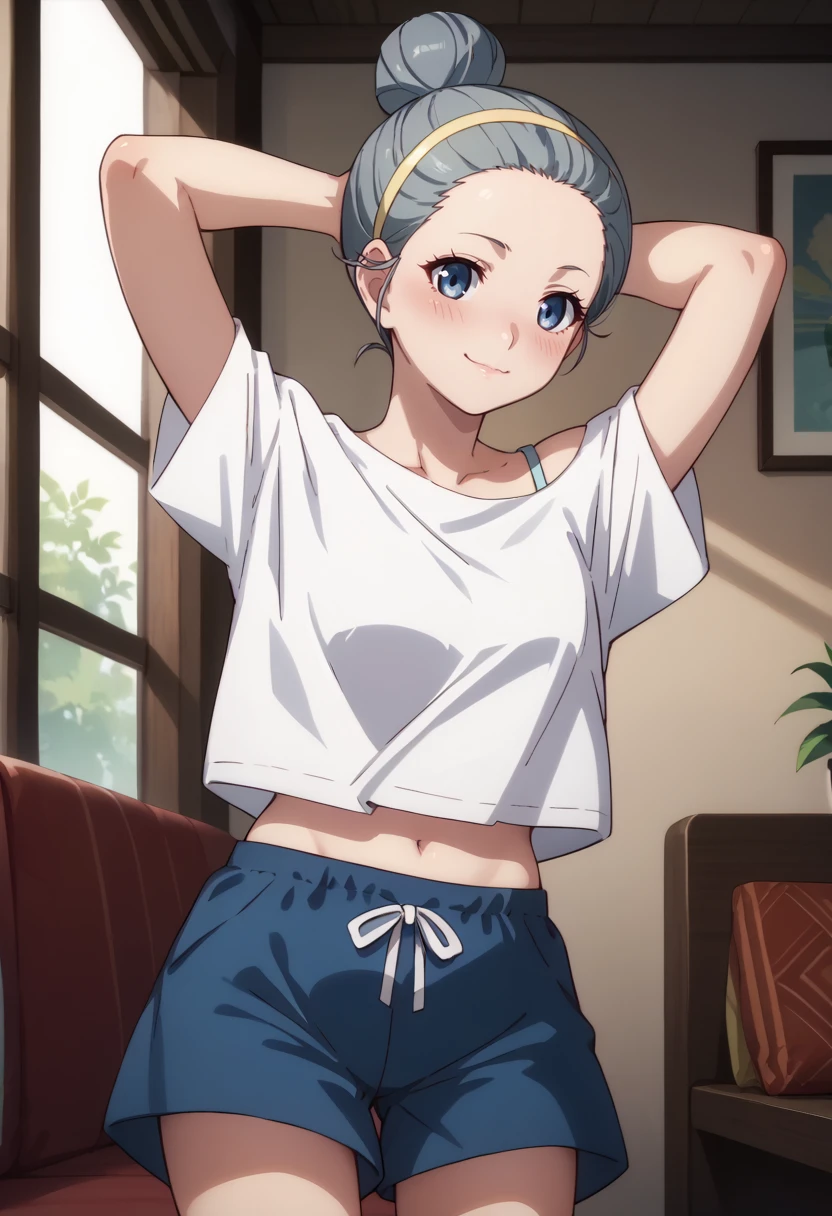 score_9, score_8_up,
1girl, <lora:NikawaUmikawa_OffSeason_PDXL:0.9>, nikawaumikawa, blue eyes, single hair bun, grey hair, 
yellow hairband, blue shorts, white shirt, off shoulder, midriff,
slight smile, arms behind head, blush,
indoors