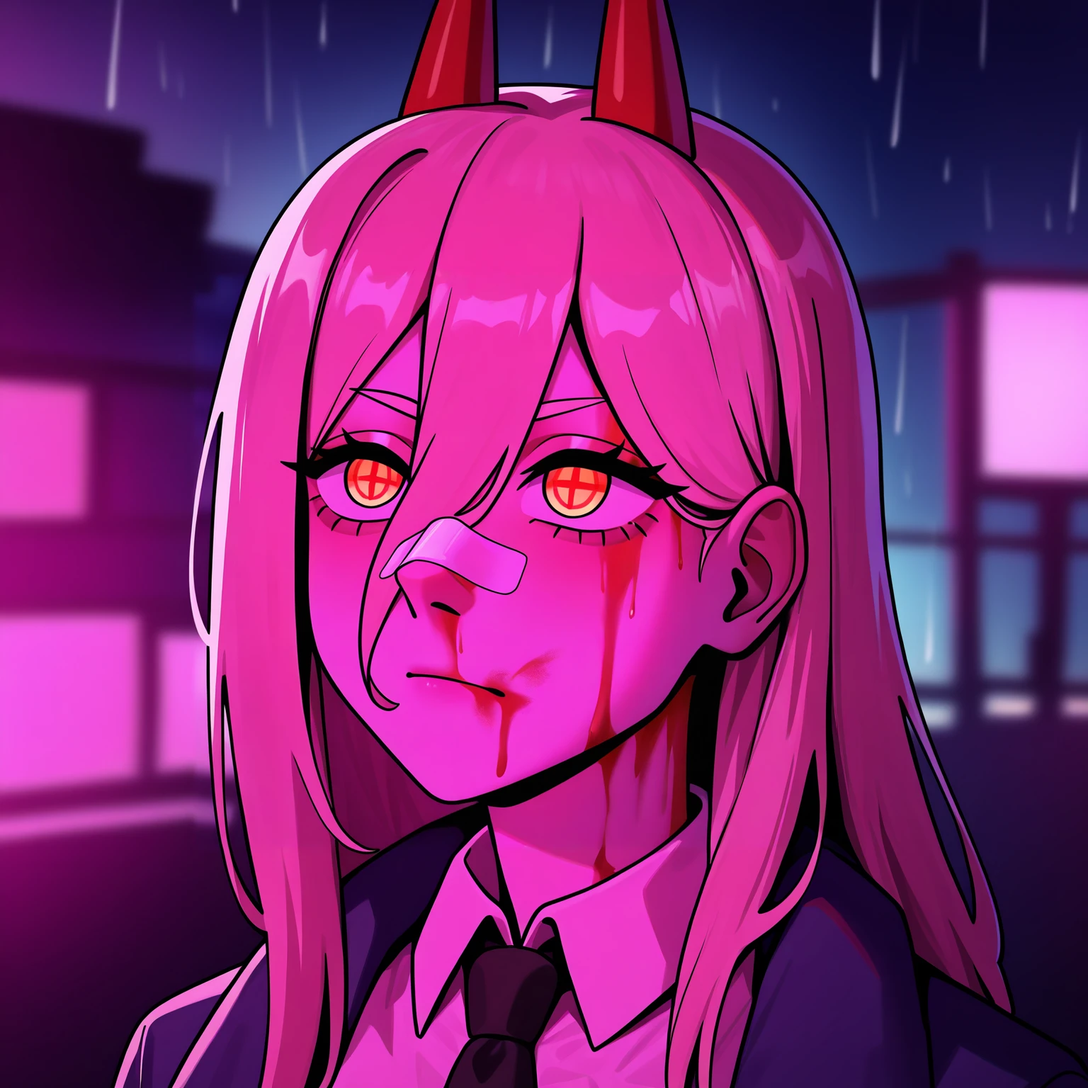 best quality, amazing quality, very aesthetic, absurdres,
1girl, power \(chainsaw man\), pink hair, blonde hair, red horns, red eyes, cross-shaped pupils, long hair,  hair between eyes, symbol-shaped pupils,
collared shirt, black necktie, long sleeves,
portrait, blood on face, bandaid on nose,blurry background, pink lighting, night, dark, pink theme, rain     <lora:YouLookLonelyIllustriousXL_byKonan:1>