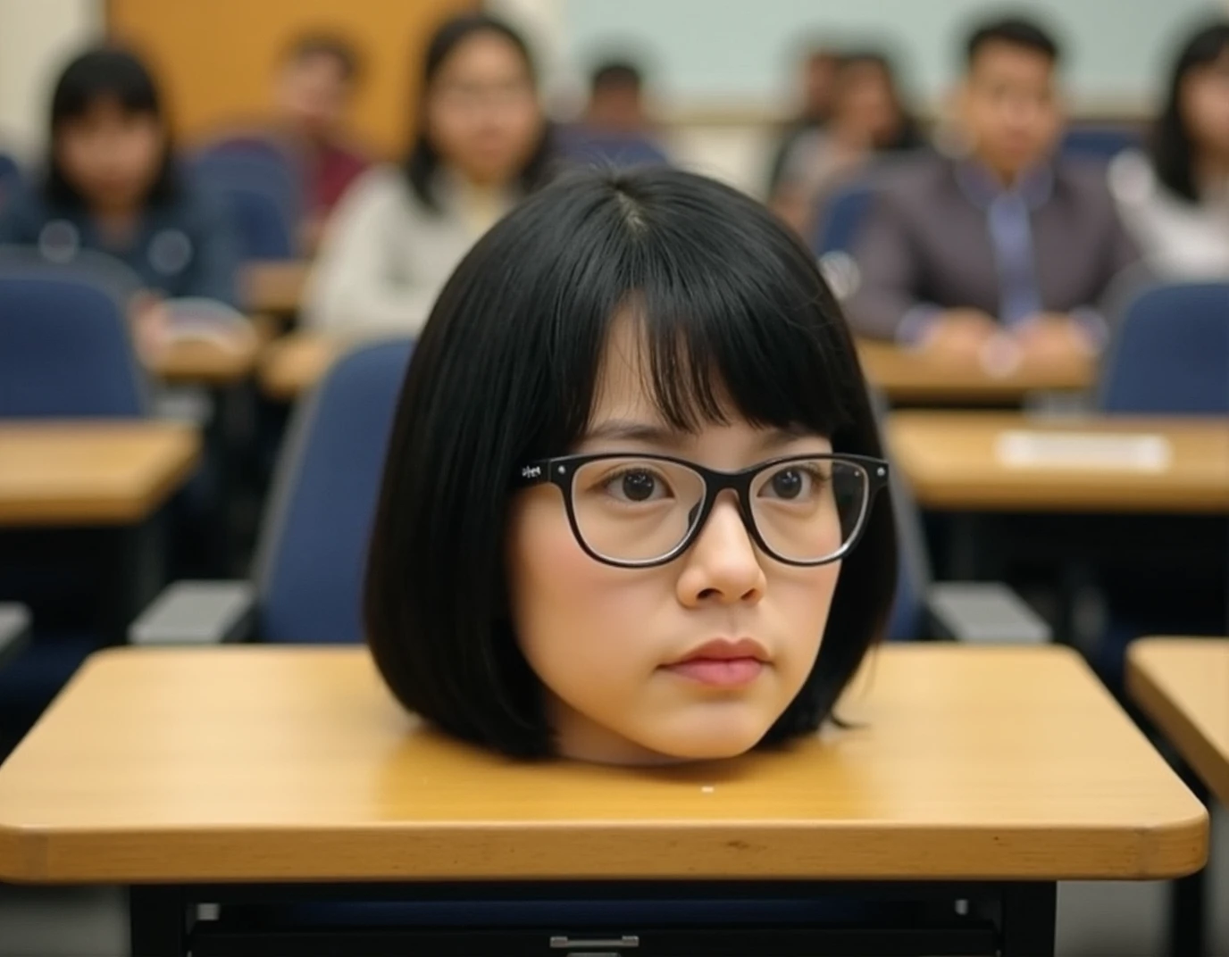 a realistic photo  of   <lora:headonly-flux:1.1> h3adonly, The disembodied  head of a  20 year old asian woman sitting on a table in a busy college lecture hall. She has short black hair, black eyes, and is wearing glasses.