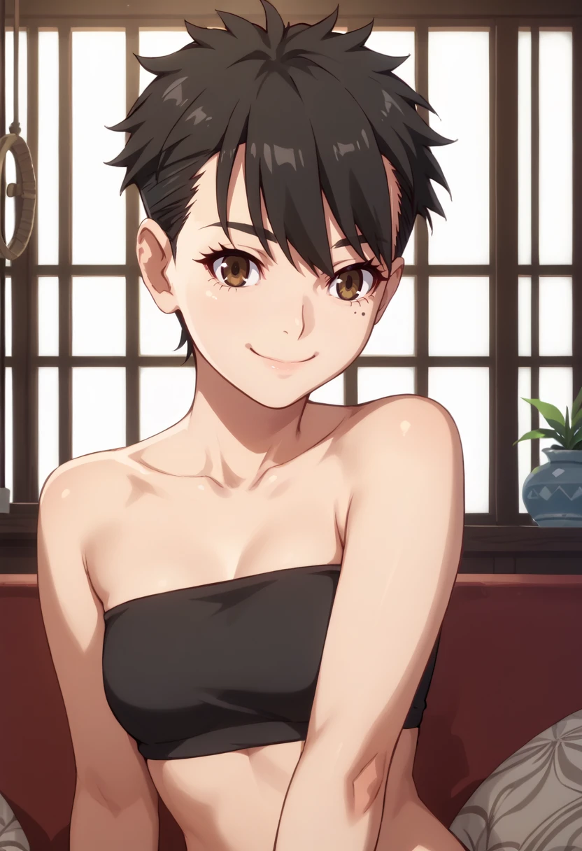 score_9, score_8_up,
1girl, <lora:ReikaMayoko_OffSeason_PDXL:0.9>, reikamayoko, mole under eye, brown eyes, short hair, black hair,
tube top,
slight smile,
indoors