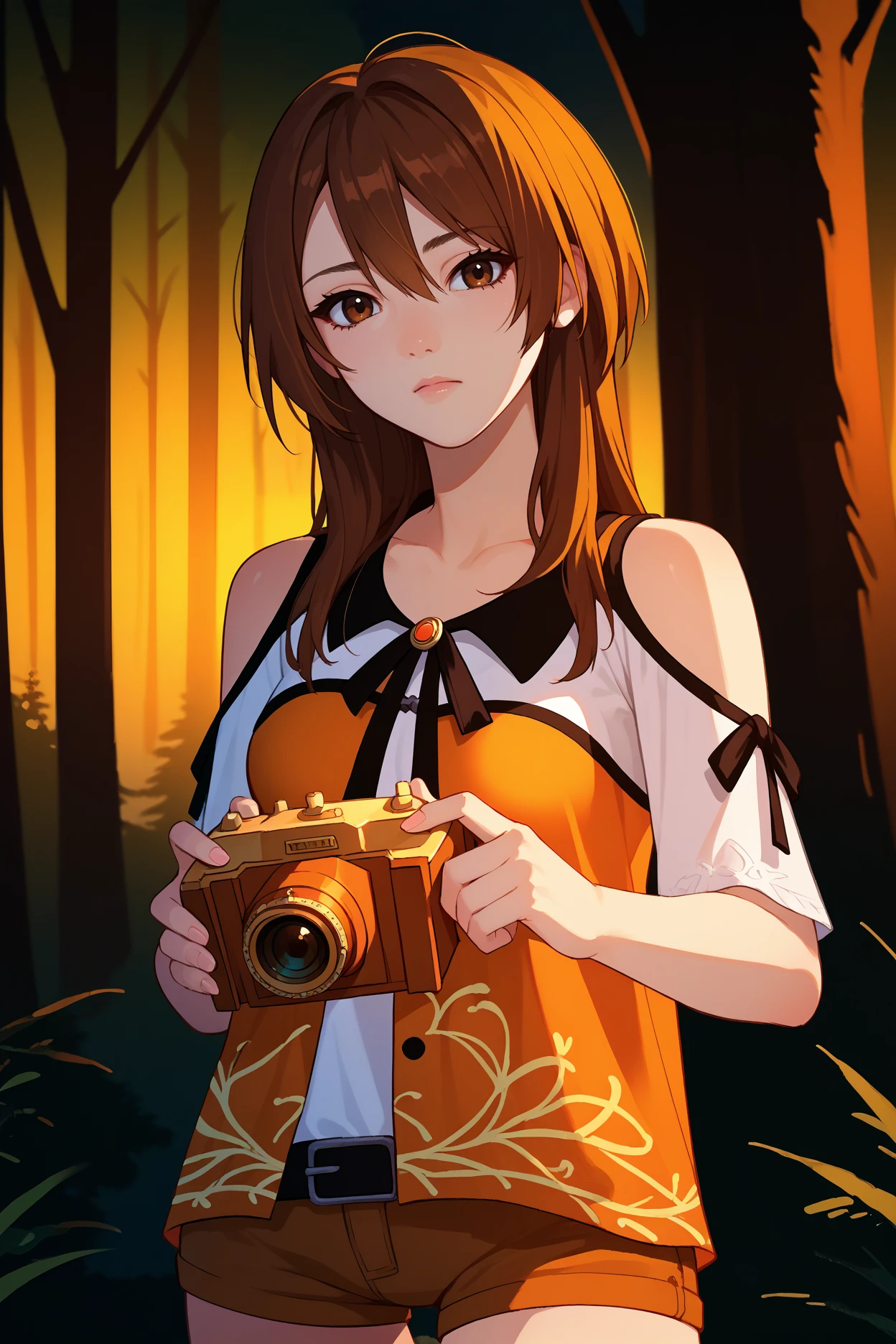 score_9, score_8_up, score_7_up, score_6_up, source_anime, 1girl, solo,  <lora:kozukatayuri-pdxl-nvwls-v1-000005:1> ffyuuri, brown hair, long hair, brown eyes, orange and white shirt, white shirt, clothing cutout, bare shoulders, two-tone shirt, belt, brown shorts, thigh strap, medium breasts, upper body, night, forest, cabin, holding camera, looking at you, portrait, dark