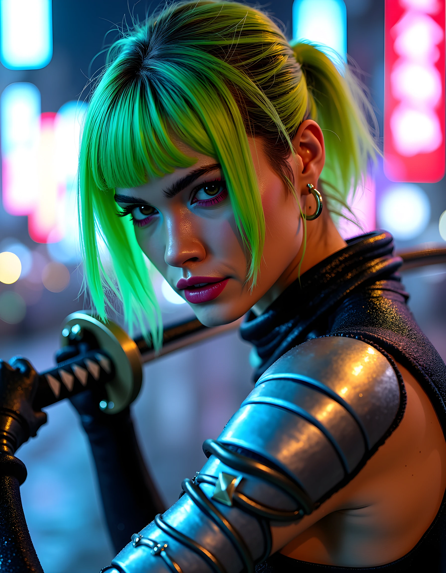 In a dystopian futuristic setting, N1C0L3V, a woman of striking cybernetic features and neon-green hair, is posed defiantly with one hand resting on the hilt of her samurai sword, clad in a blend of traditional Japanese armor and cutting-edge techno-fashion. The background reveals a gritty urban cityscape illuminated by the pulsating glow of neon signs, with raindrops beading on her armored skin and highlighting the intricate patterns etched into her mechanical limbs. A low angle camera shot captures her intensely focused gaze, her piercing eyes reflecting the electric blues and purples of the cityscape behind her, exuding an air of rebellion and determination amidst the chaos of a neon-drenched dystopia.
