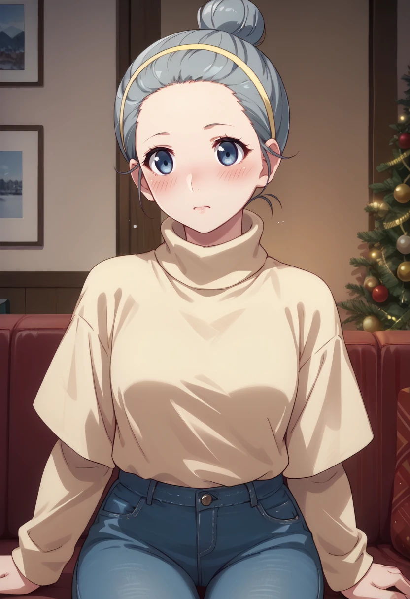 score_9, score_8_up,
1girl, <lora:NikawaUmikawa_OffSeason_PDXL:0.9>, nikawaumikawa, blue eyes, single hair bun, grey hair, yellow hairband,
turtleneck sweater, jeans,
blush,
indoors, winter