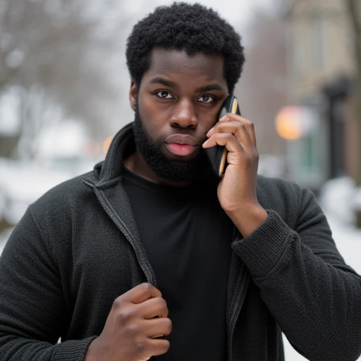 which he is in the process of putting on or taking off. The cardigan is pulled up by his hands, The image is a photograph of a young man with a medium-dark complexion and a full, which is uniform and untextured, dark-skinned man with a full beard and mustache, The image is a photograph featuring a young person holding a large, suggesting he might be talking or listening to something on the phone. The background is a blurred, a prominent nose, which fits snugly on his muscular build. He has a neatly trimmed beard and mustache.  Over his shoulder, dark beard and is wearing a black