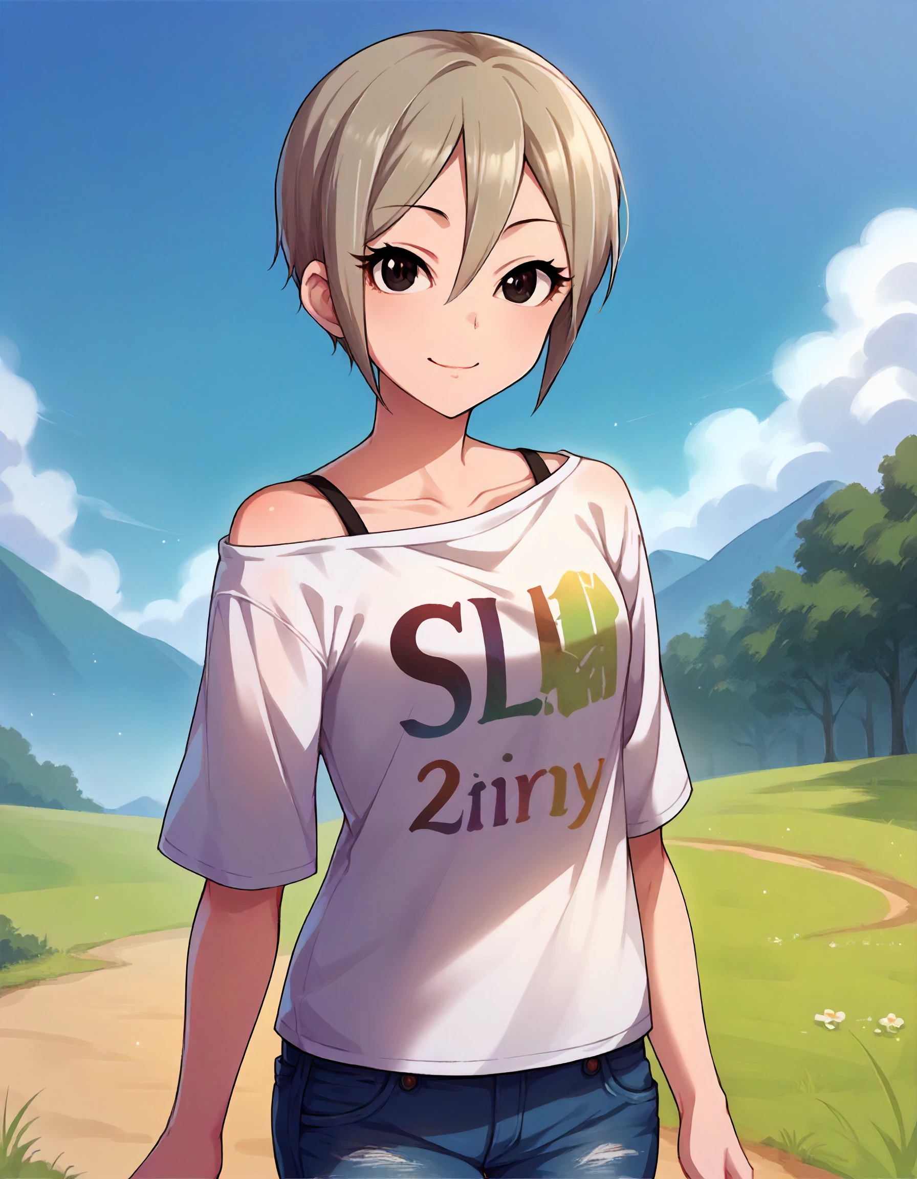 score_9,score_8_up,score_7_up,1girl,solo,cowboy shot,looking at viewer,smile,closed mouth,outdoors,
<lora:shiomisyuko_ponyXLV6:0.8>,cgssyk,
grey hair,short hair,hair between eyes,black eyes,
off-shoulder shirt,white shirt,strap,short denim