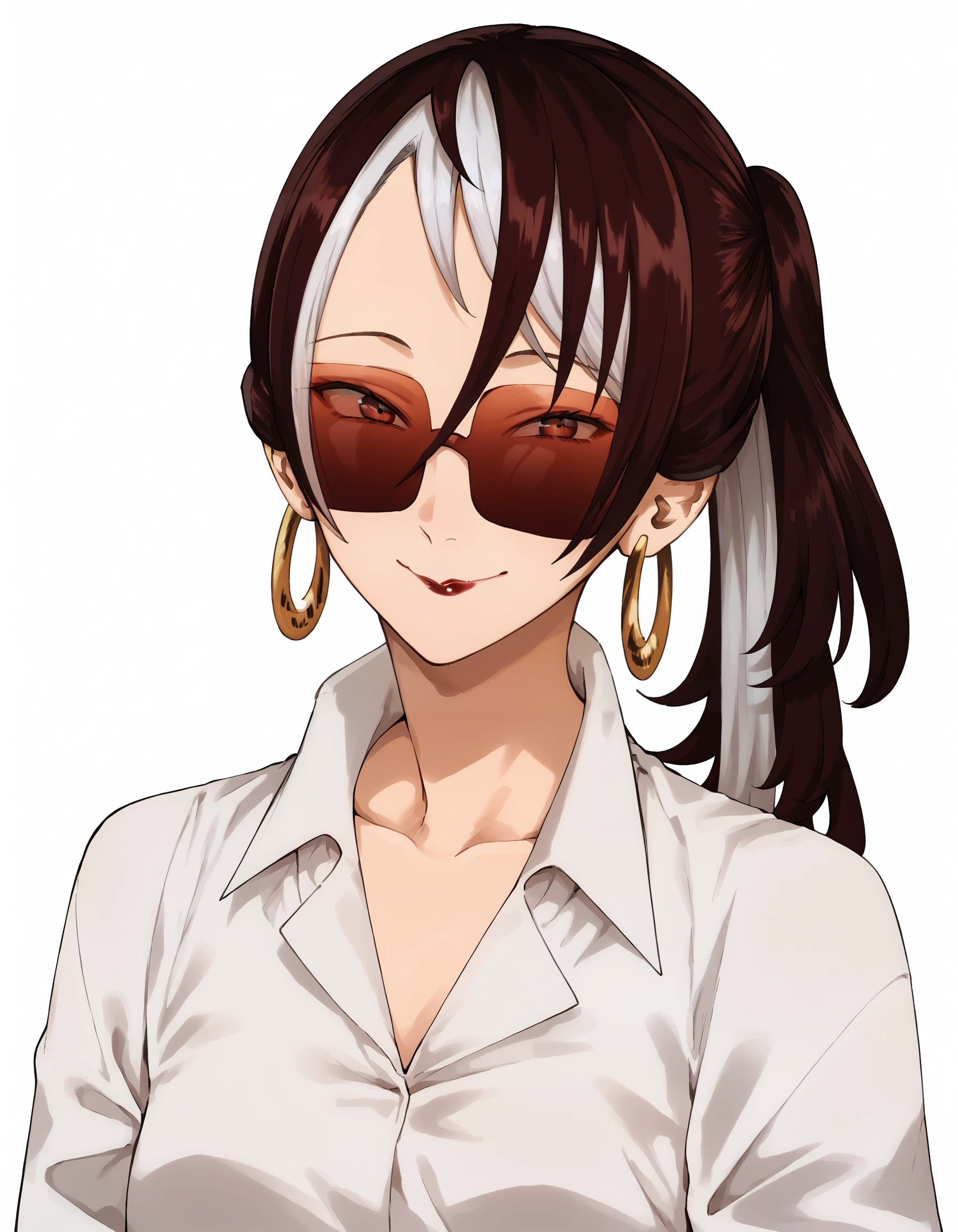 score_9, score_8_up, score_7_up
BREAK 1girl, solo, <lora:IrukoXL-v5:1>, iruko, two-tone hair, dark maroon hair, white hair, long hair, ponytail, red eyes, sunglasses, hoop earrings, lipstick, collared shirt, white shirt, collarbone, looking at viewer, smile, upper body, white background